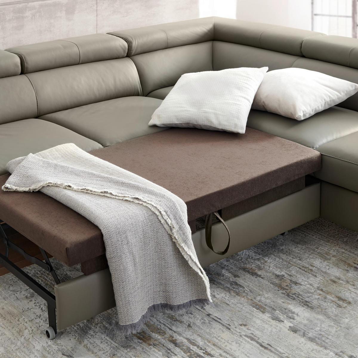 ECKSOFA in Lederlook Kombination Echtleder/Lederlook Schlammfarben  - Schlammfarben/Schwarz, Design, Leder/Textil (256/220cm) - Celina Home