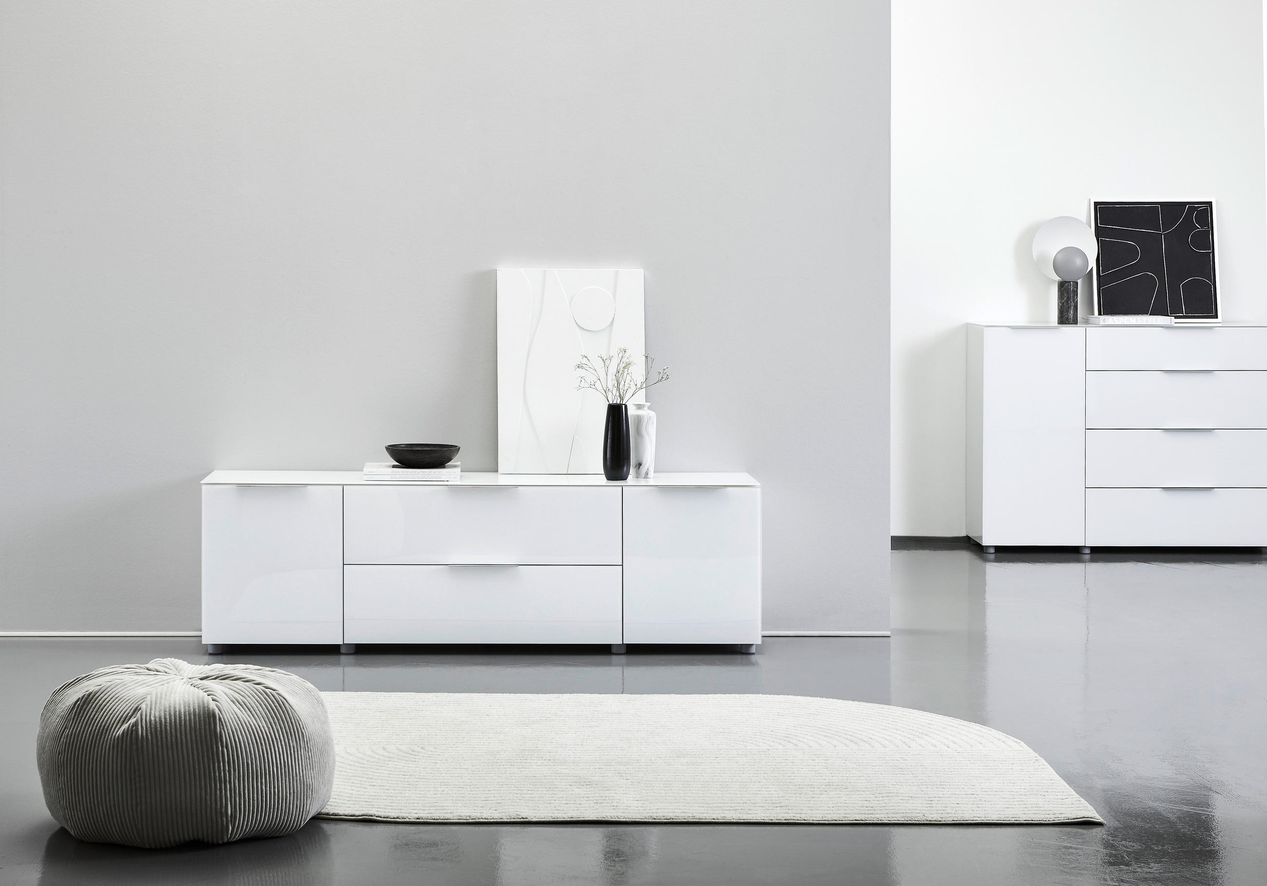 Thumbnail - Voleo Lowboard, Weiß Hochglanz, Metall, 2 Fächer, 2 Schublade(n) Schubladen, 181x54x40 cm, Beimöbel erhältlich, stehend,...