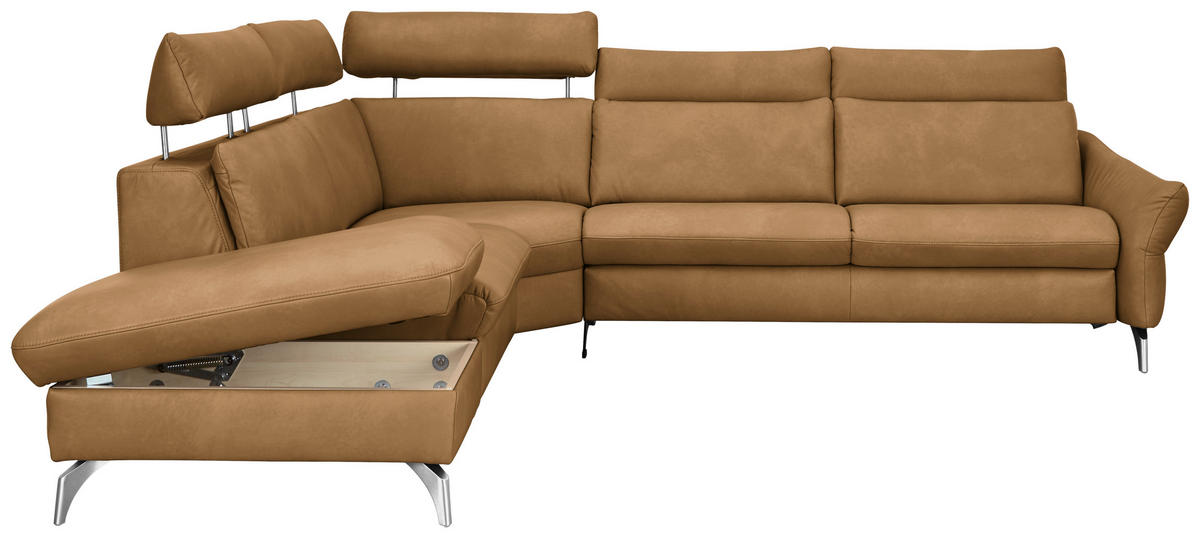 ECKSOFA in Echtleder Honig, Currygelb  - Currygelb/Edelstahlfarben, Konventionell, Leder/Metall (242/296cm) - Himolla Komfortklass