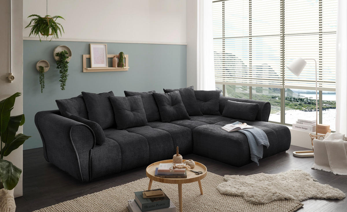 ECKSOFA in Chenille Schwarz  - Schwarz, Konventionell, Kunststoff/Textil (330/197cm) - MID.YOU