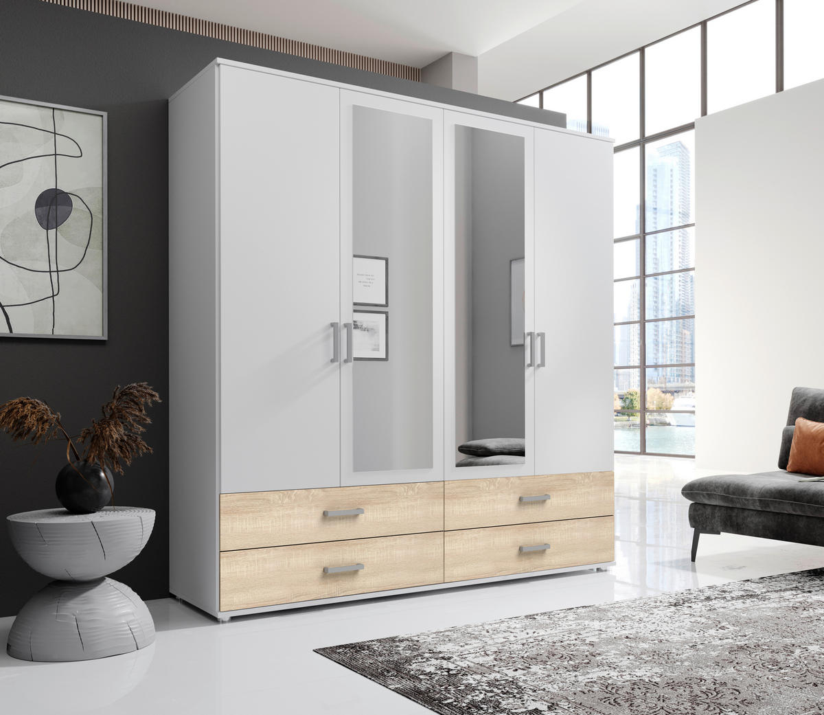 DREHTÜRENSCHRANK in Weiss, Sonoma Eiche  - Weiss/Alufarben, Modern, Holzwerkstoff/Kunststoff (180/190cm) - MID.YOU
