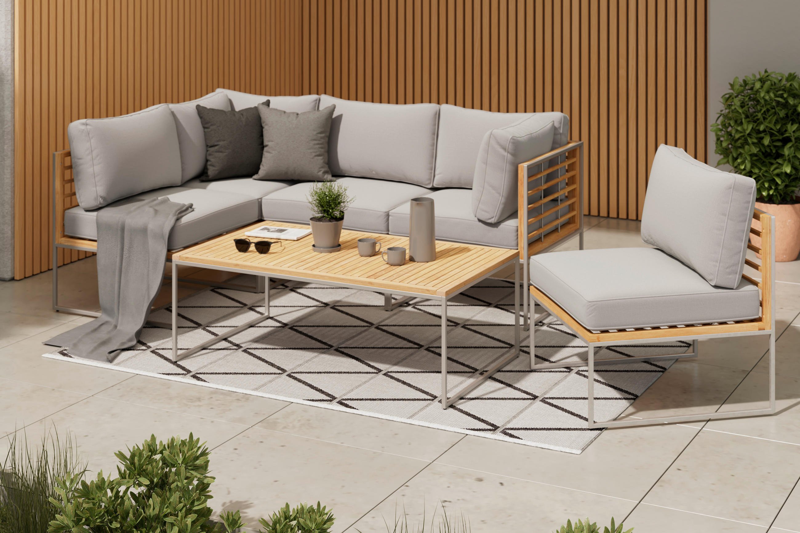 LOUNGEGARNITUR Edelstahl  - Edelstahlfarben/Hellgrau, MODERN, Textil/Metall - Ambia Garden