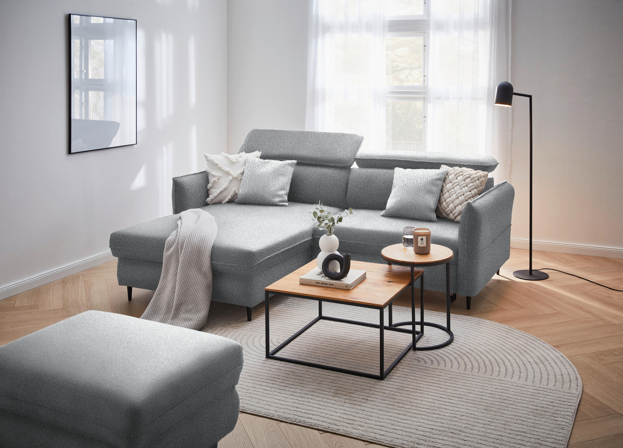 ECKSOFA in Flachgewebe Hellgrau  - Hellgrau/Schwarz, Design, Holz/Textil (185/232cm) - Stylife