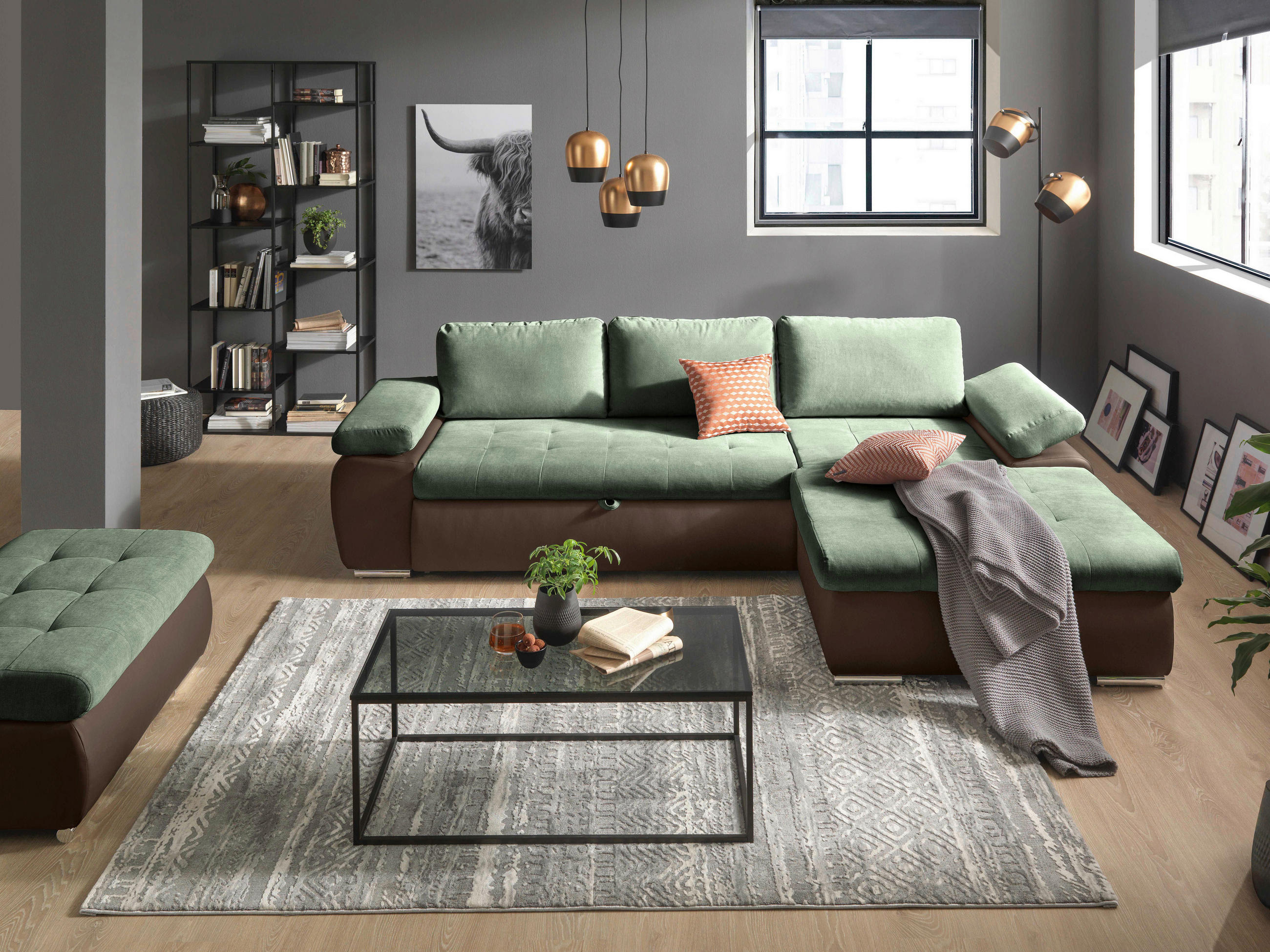 ECKSOFA in Flachgewebe Braun, Olivgrün  - Braun/Olivgrün, Design, Kunststoff/Textil (271/175cm) - MID.YOU