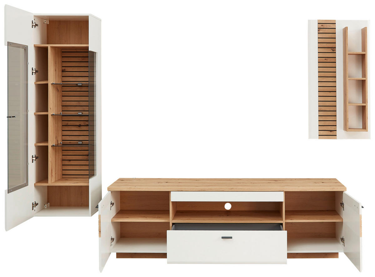 WOHNWAND  in Weiss, Eiche Artisan 285/195/47 cm  - Weiss/Anthrazit, Design, Glas/Holzwerkstoff (285/195/47cm) - Stylife