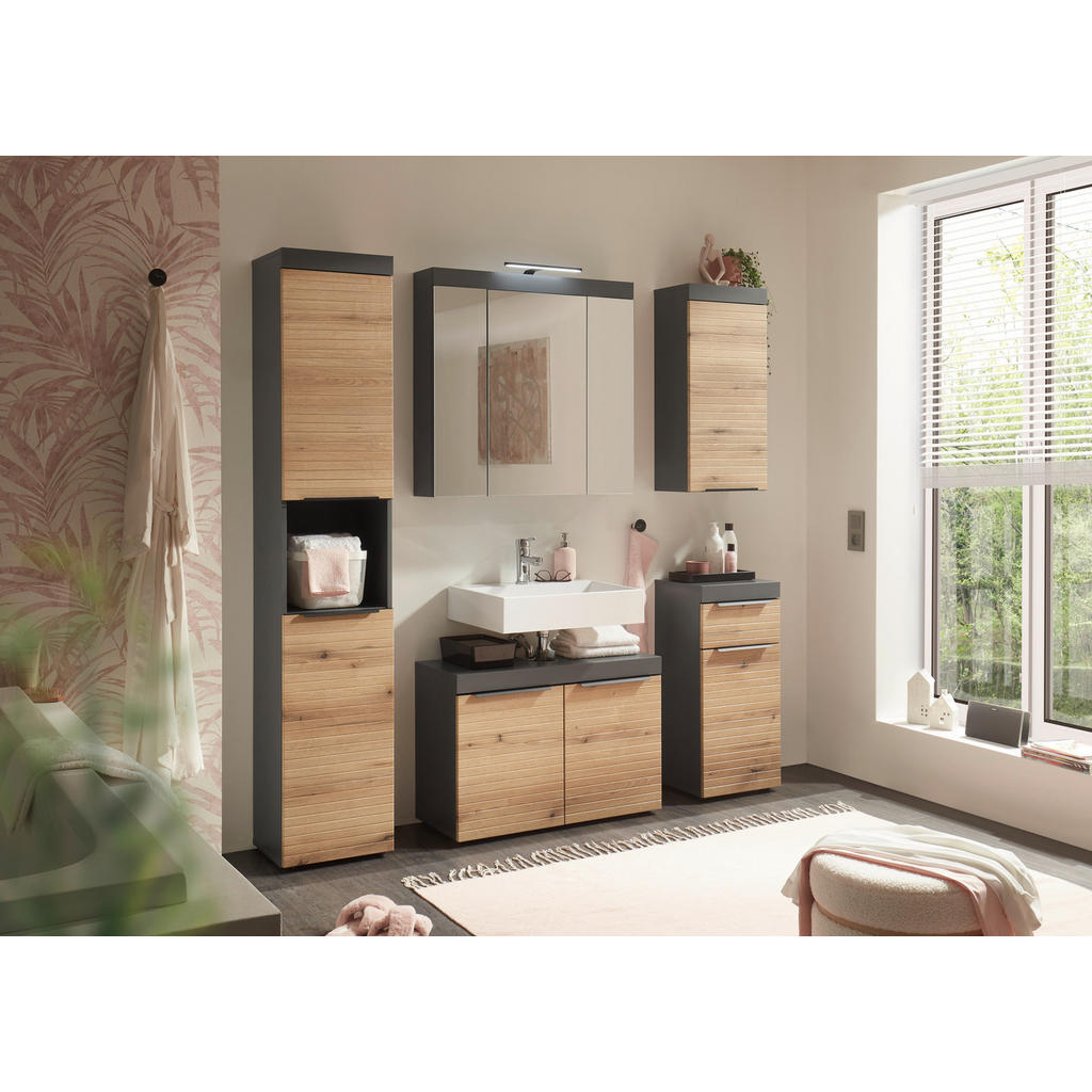 Thumbnail - Mid.you Hängeschrank, Graphit, Eiche, Holzwerkstoff, 2 Fächer, 36x77x23 cm, hängend, Badezimmer, Badezimmerschränke, Hän...