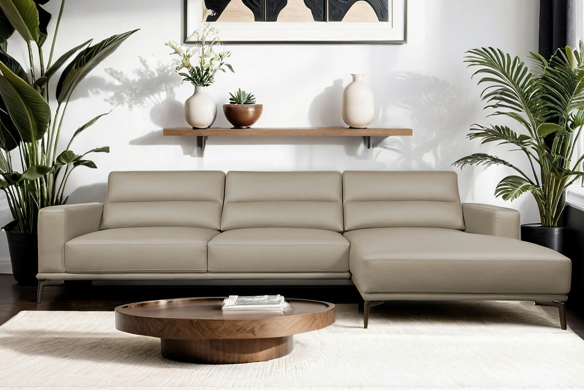 ECKSOFA Greige Echtleder  - Greige/Schwarz, MODERN, Leder/Holz (175/299cm) - Livetastic