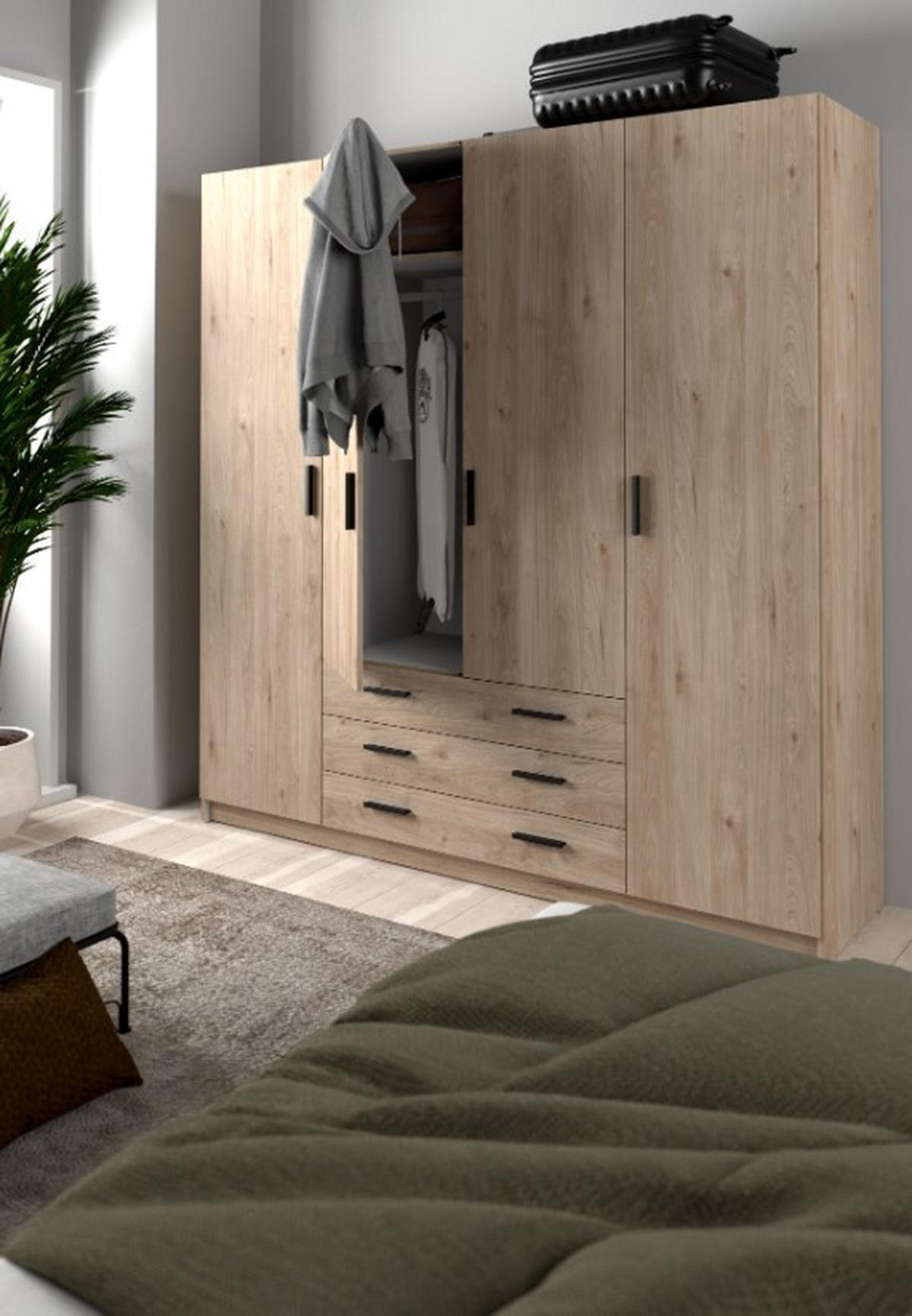 GARDEROB 195,5/200,4/49,6 cm 4-dörrar - svart/ekfärgad, Basics, metall/trämaterial (195,5/200,4/49,6cm) - Best Price