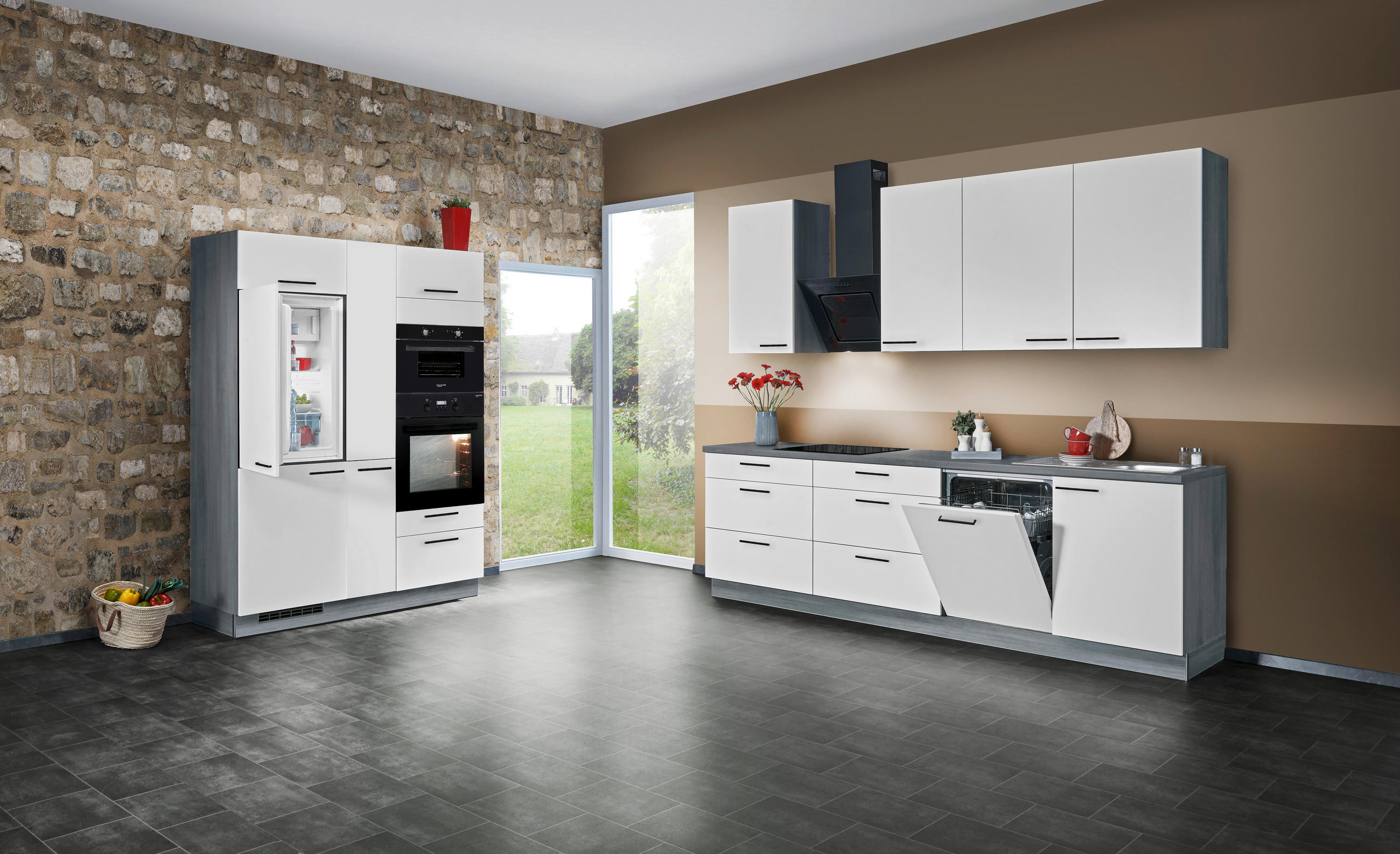 KÜCHENLEERBLOCK  150/280 cm  in Weiß, Eiche grau  - Edelstahlfarben/Eiche grau, Design, Holzwerkstoff/Metall (150/280cm) - Welnova