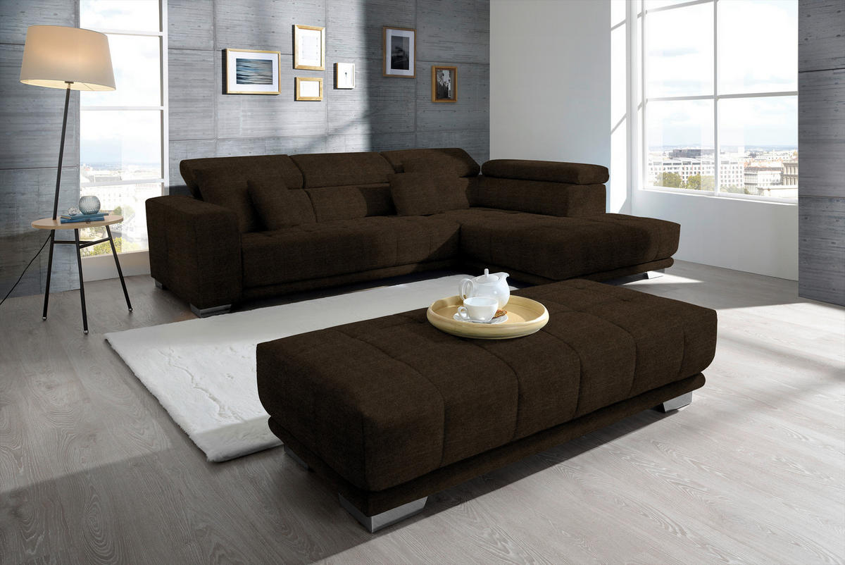 ECKSOFA in Mikrofaser Dunkelbraun  - Chromfarben/Dunkelbraun, Design, Textil/Metall (301/207cm) - Xora