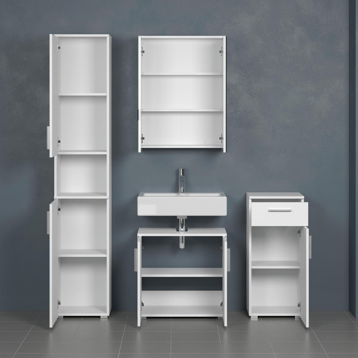 BADEZIMMER 4-teilig  in 164 cm  - Weiß Hochglanz/Silberfarben, Trend, Glas/Holzwerkstoff (164cm) - MID.YOU