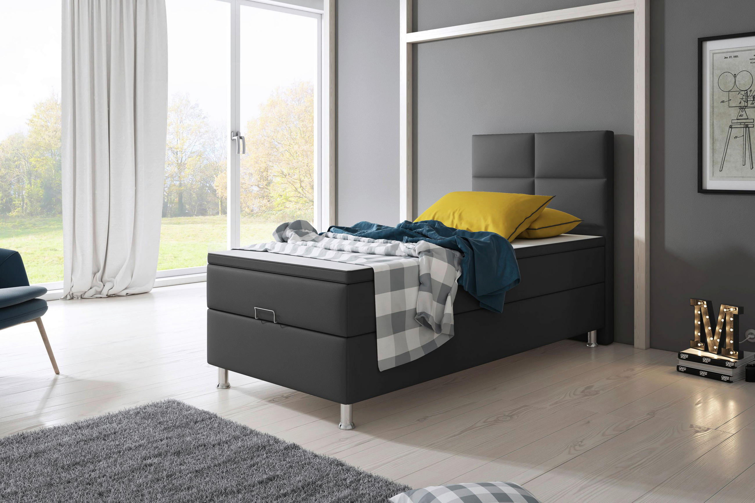 Boxspringbett mit Topper  in Anthrazit  - Anthrazit/Silberfarben, KONVENTIONELL, Leder/Textil (90/115/210cm) - MID.YOU
