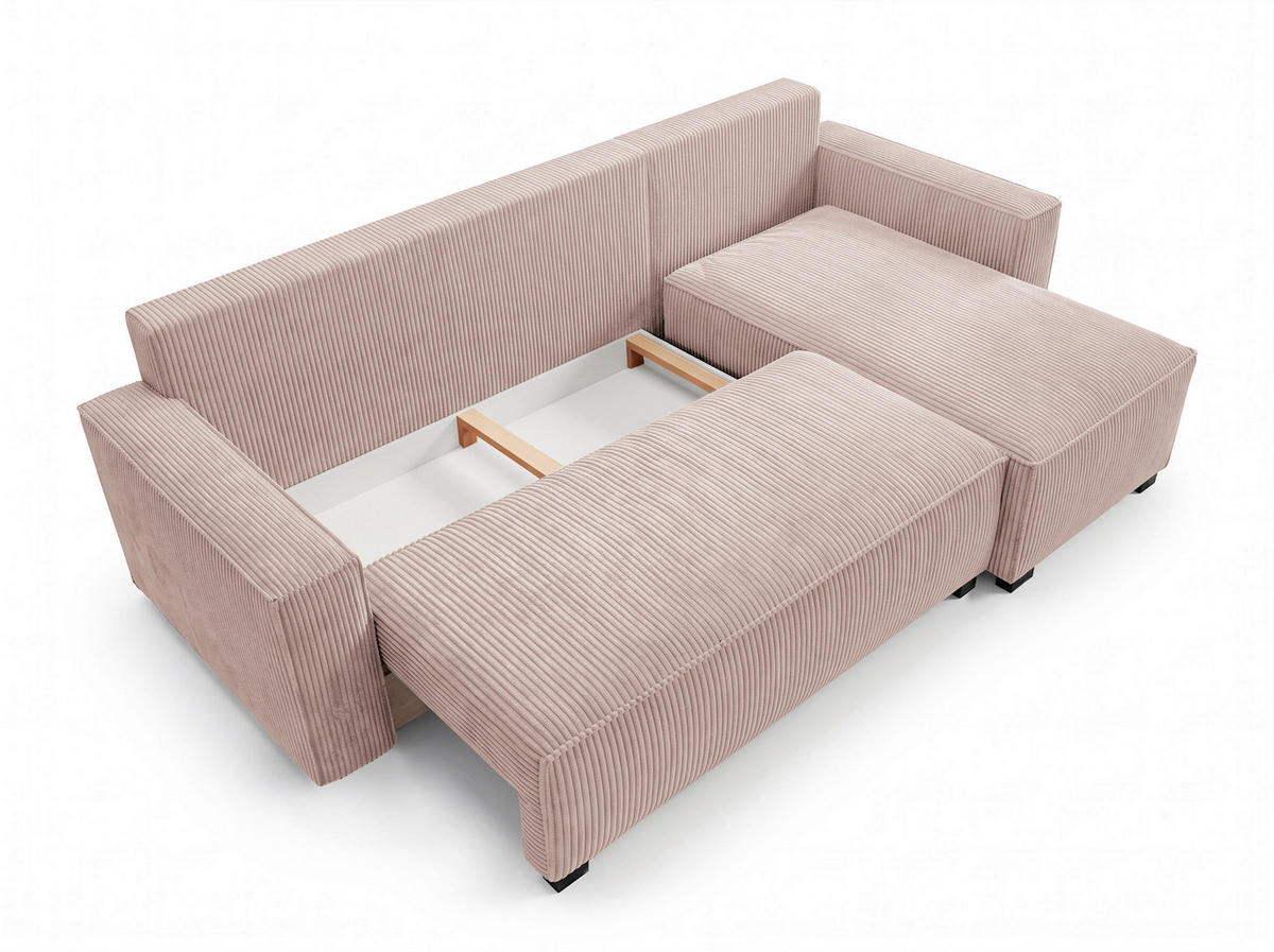 ECKSOFA Rosa Cord Rückenkissen, Bettkasten, Schlaffunktion, Rücken echt, Liegefläche im Originalstoff  - Schwarz/Rosa, MODERN, Kunststoff/Textil (232/140cm) - Xora