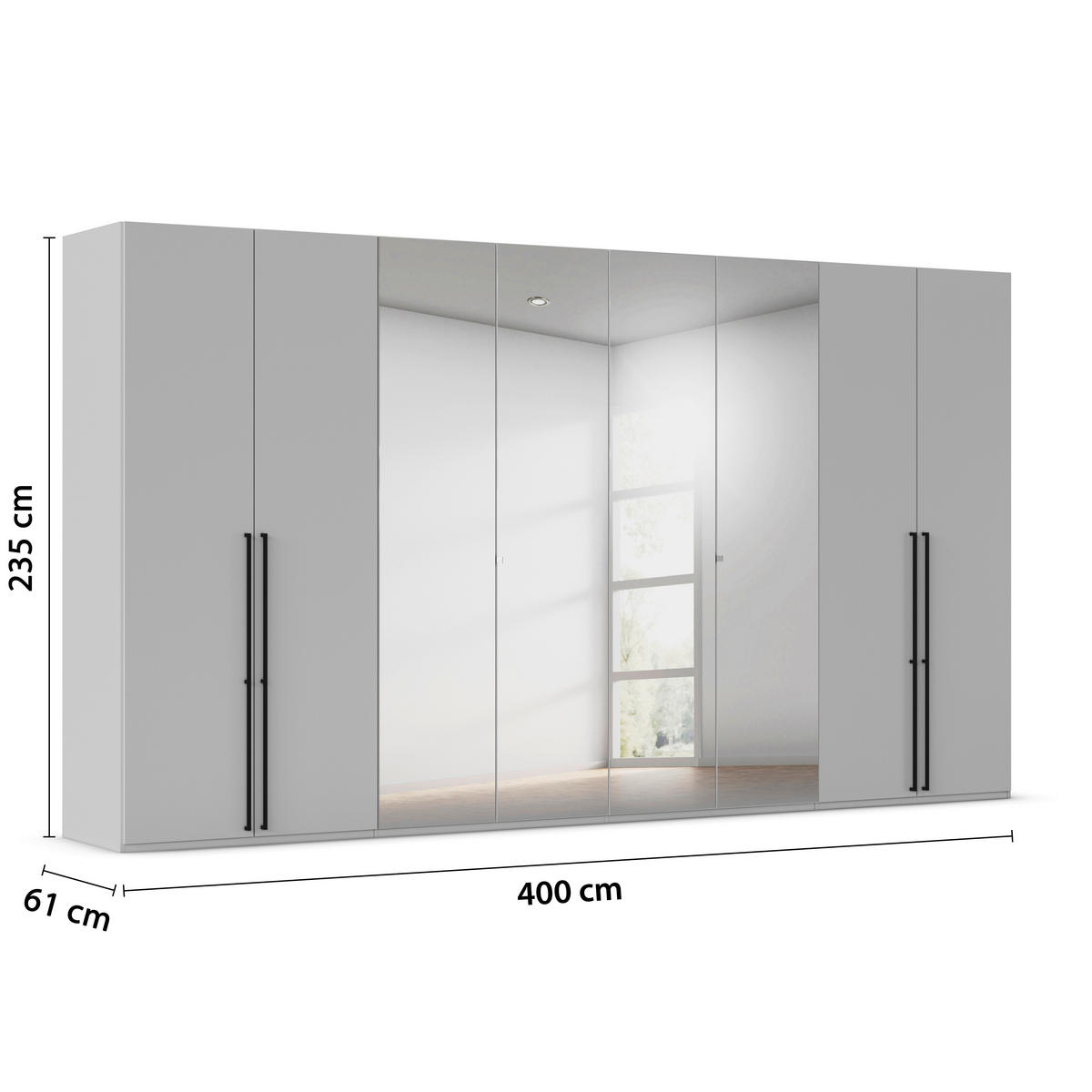 DREHTÜRENSCHRANK 400/235/61 cm,  in Graphitfarben, 8-türig  - Chromfarben/Schwarz, Basics, Glas/Holzwerkstoff (400/235/61cm) - Novel