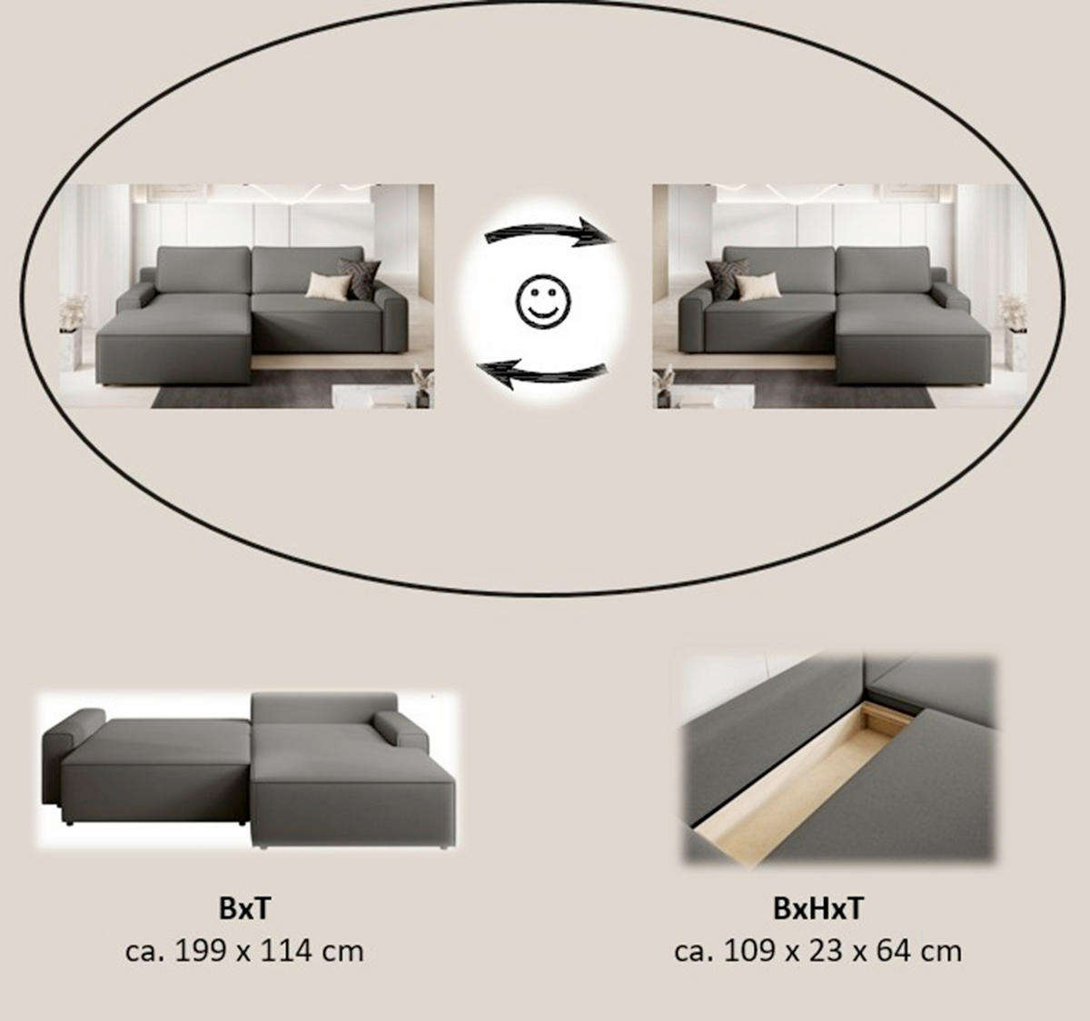 ECKSCHLAFSOFA CHALLANGE  mit Schlafen auf Sitzhöhe, Rücken echt, Armteil links, Armteil rechts Struktur Greige  - Greige/Schwarz, MODERN, Kunststoff/Textil (246/168cm) - Trendmanufaktur