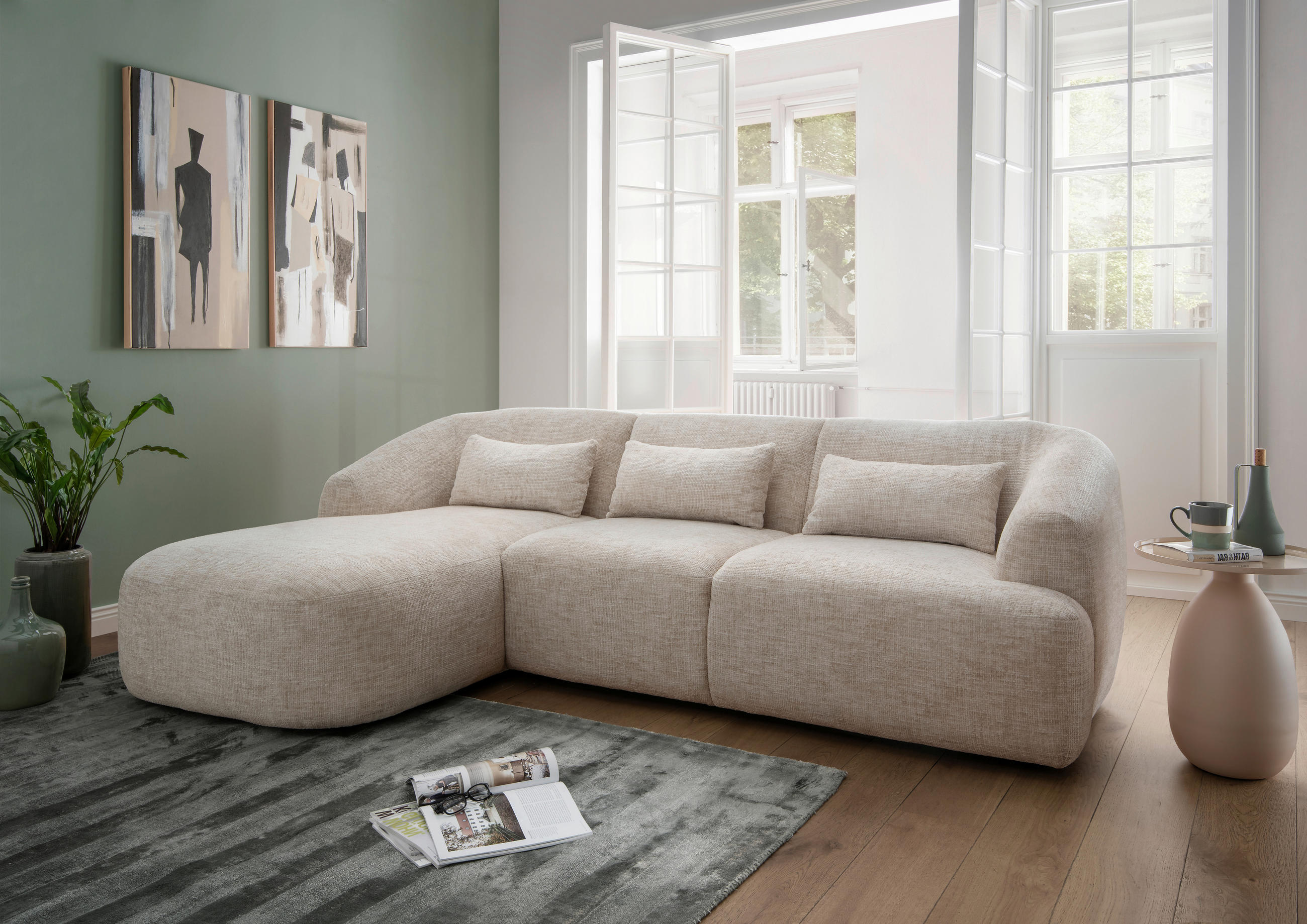 ECKSOFA in Struktur Creme  - Creme/Schwarz, Modern, Kunststoff/Textil (160/256cm) - Livetastic