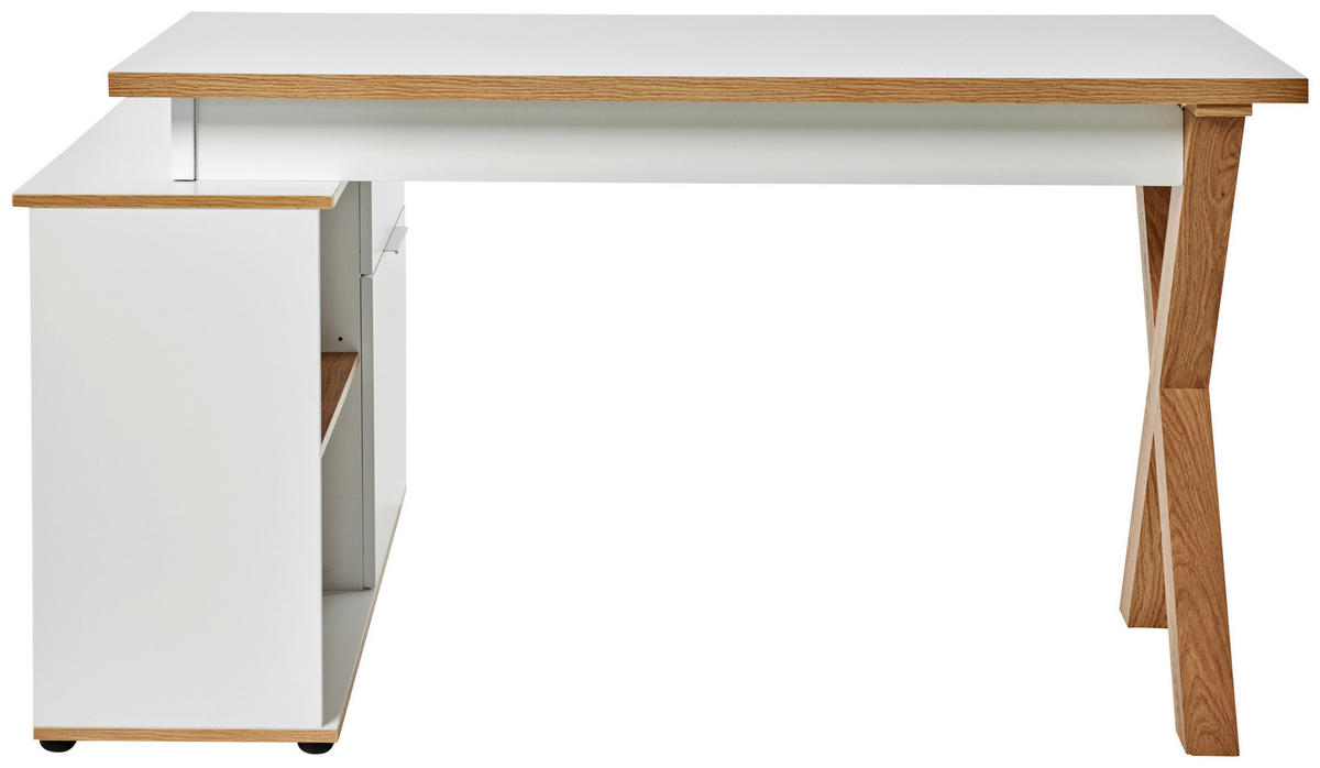 ECKSCHREIBTISCH 140/95/76 cm  in Weiss, Eichefarben  - Weiss/Eichefarben, Modern, Holzwerkstoff/Metall (140/95/76cm) - Livetastic