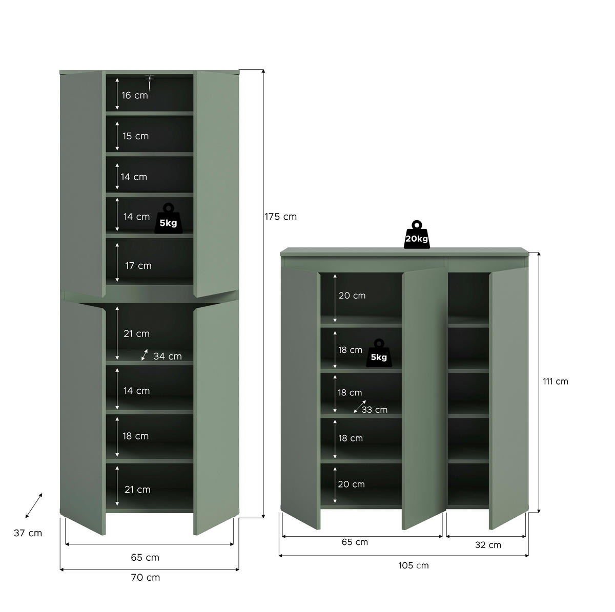GARDEROBENSCHRANK  in 190/175/37 cm  - Schwarz/Graugrün, Design, Holzwerkstoff/Kunststoff (190/175/37cm) - Livetastic