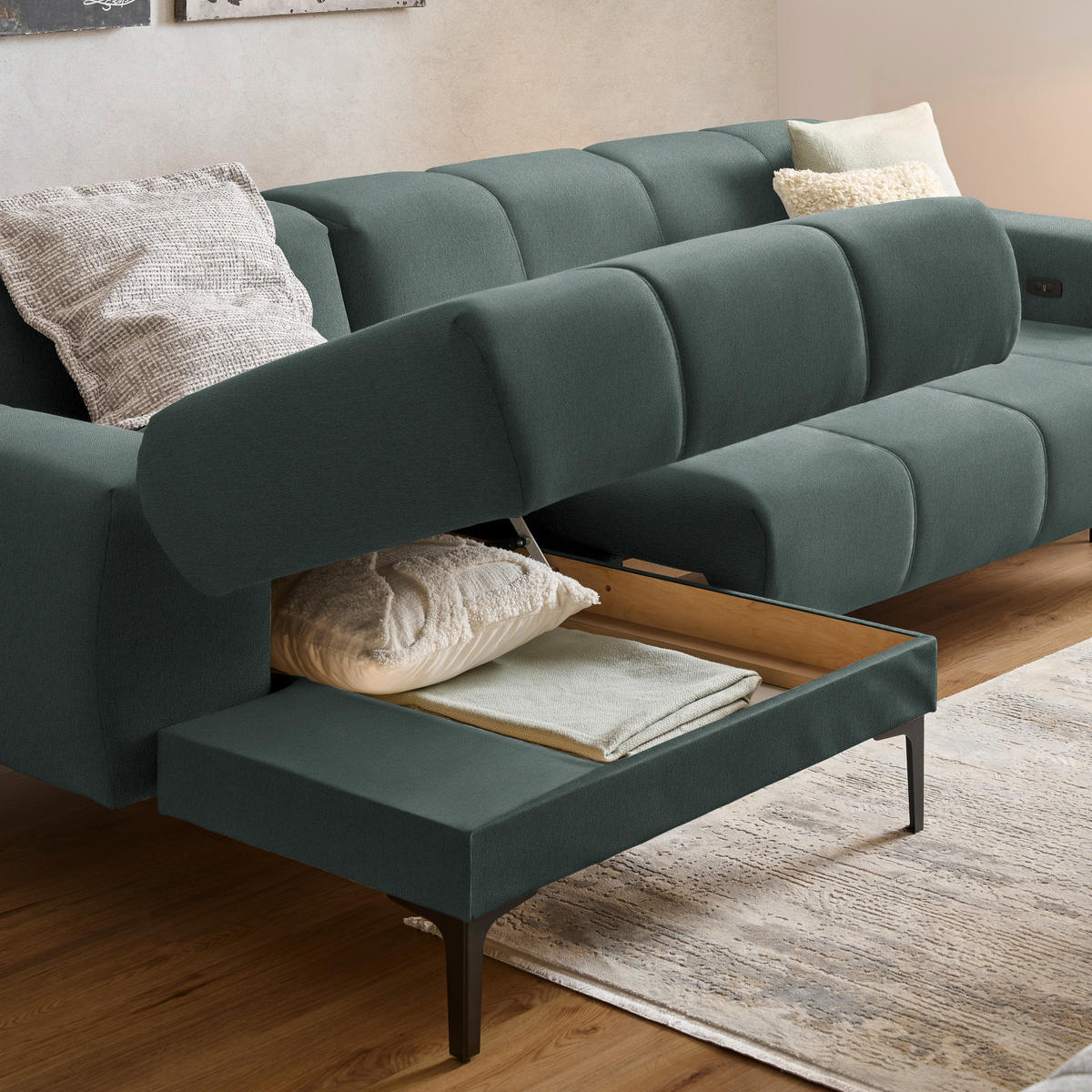 ECKSOFA in Chenille Waldgrün  - Waldgrün/Schwarz, Design, Textil/Metall (167/311cm) - Xora