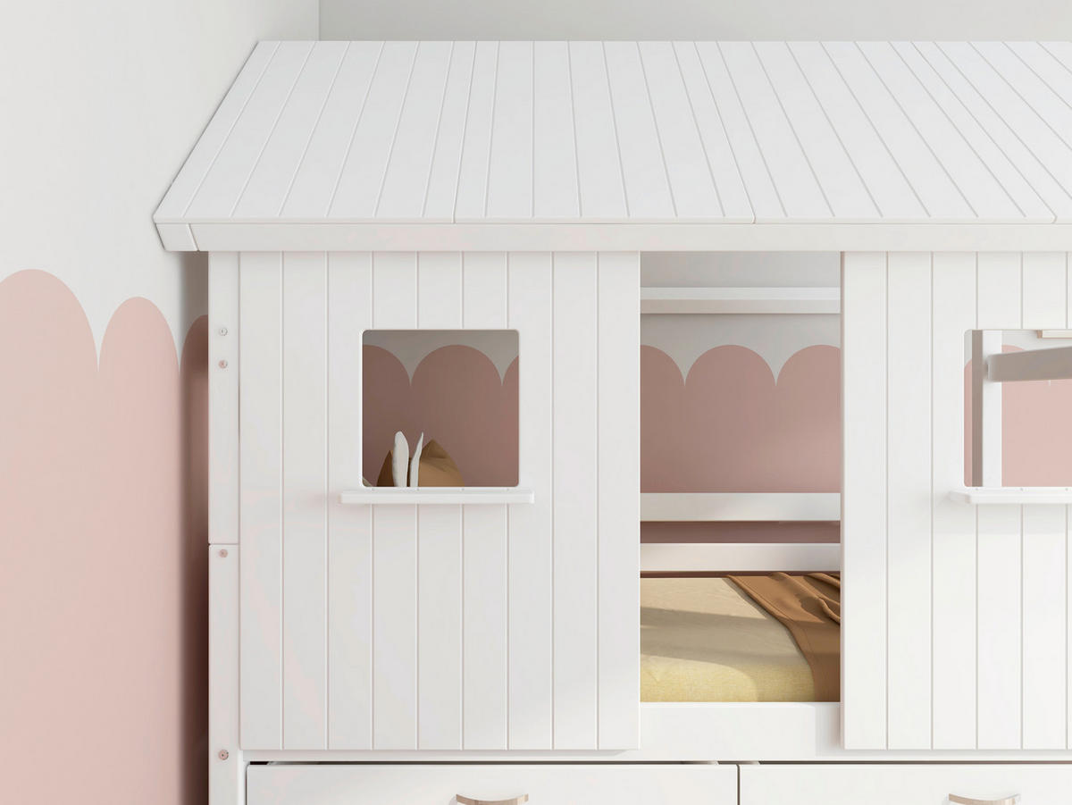 HAUSBETT 90/200 cm,  in Rosa, Weiß, Rollrost, Bettschublade  - Rosa/Weiß, MODERN, Holz (90/200cm) - Chameo