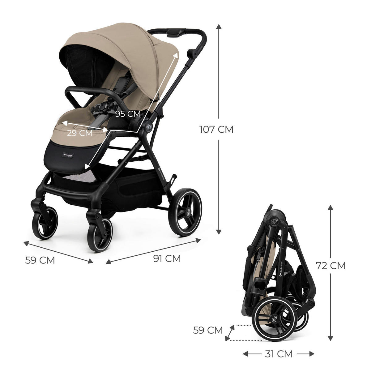 BUGGY Yoxi  - Schwarz Hochglanz/Beigebraun, Basics, Kunststoff/Textil (59/91/106cm) - Kinderkraft