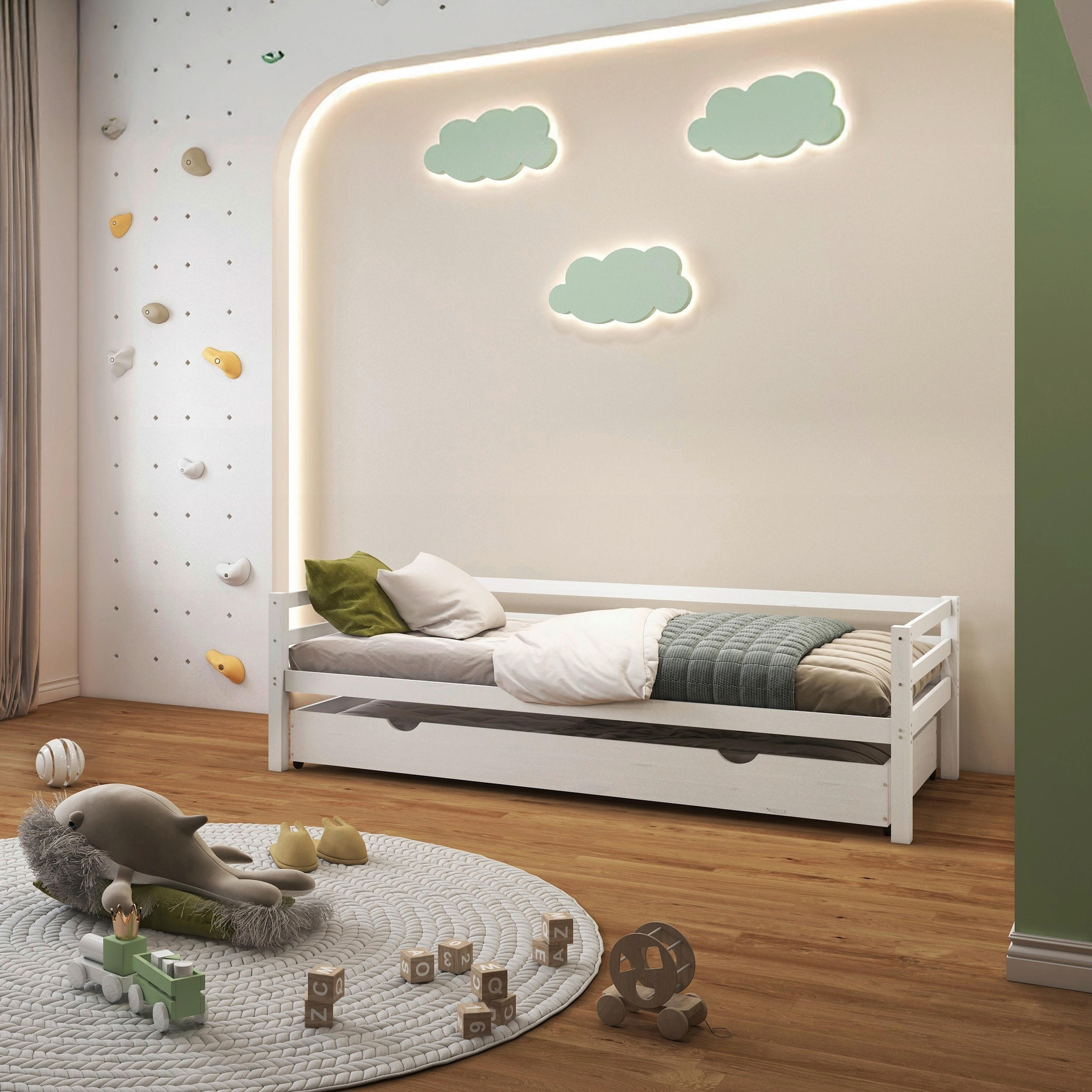 AUSZIEHBETT 90/200 cm,  in Weiß, Bettschublade, Lattenrost für Zusatzbett, Lattenrost für Hauptbett  - Naturfarben/Weiß, MODERN, Holz (90/200cm) - MID.YOU