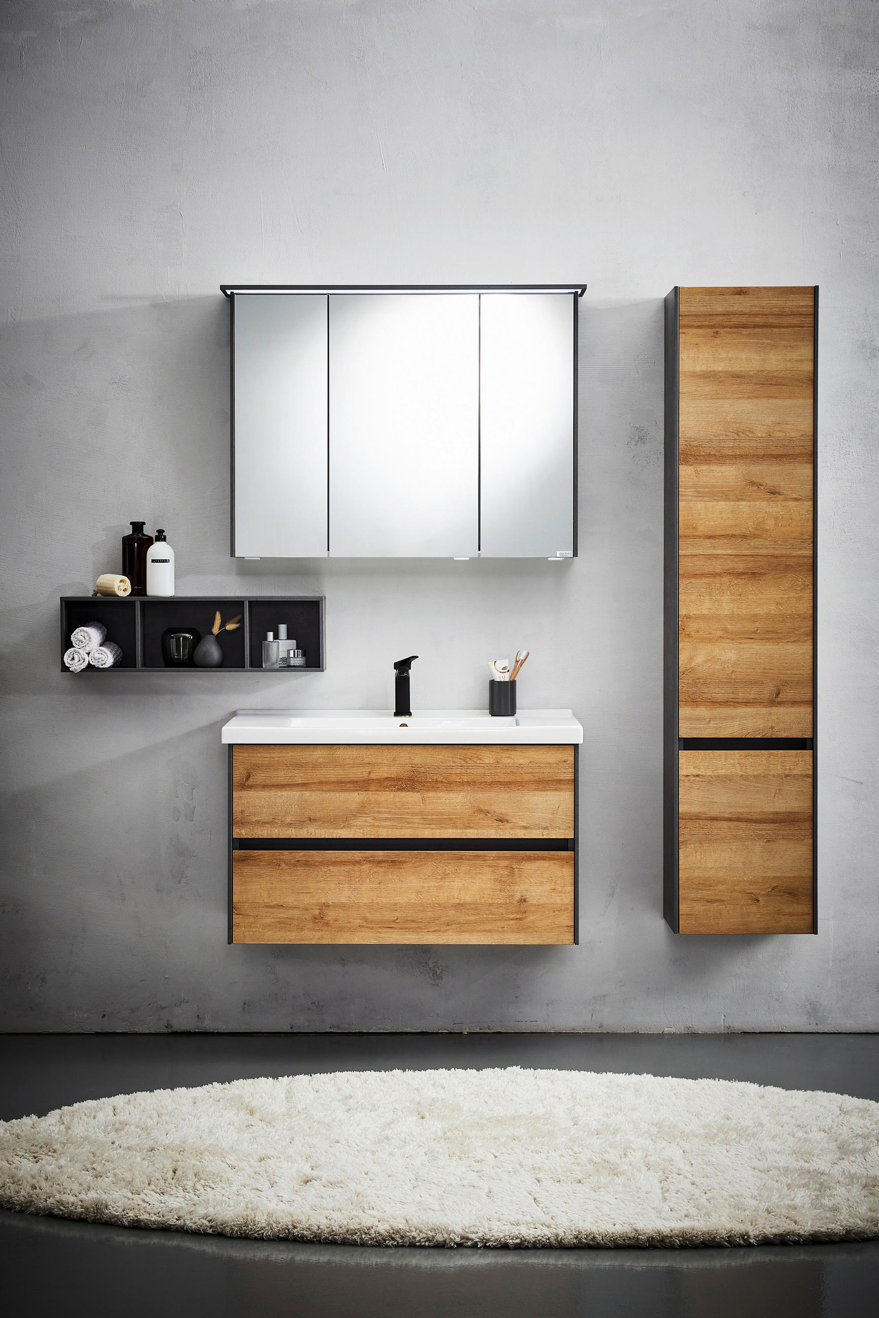 Thumbnail - Dieter Knoll Badezimmer, Eiche, Dunkelgrau, Glas, Holzwerkstoff, 2 Schubladen, 91 cm, Made in Germany, Zusatzausstattung...