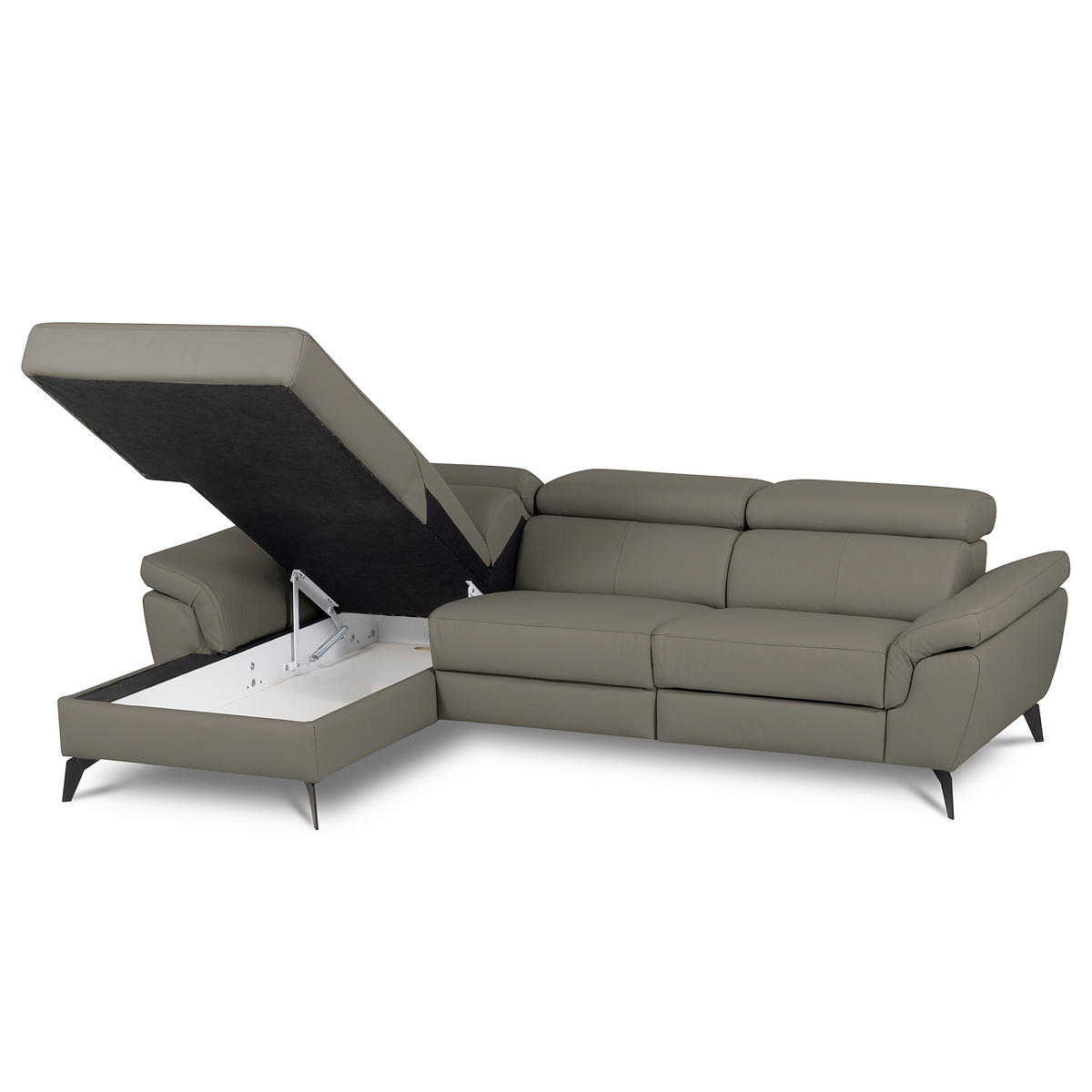 ECKSOFA SONO in Lederlook Echtleder Schlammfarben Bettkasten, Armteilverstellung, Kopfteilverstellung  179/252 cm  - Schlammfarben/Schwarz, Design, Leder/Textil (179/252cm) - Livetastic