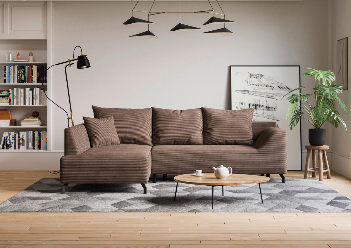 ECKSCHLAFSOFA in Cord Braun  - Schwarz/Braun, Design, Textil/Metall (167/273cm) - MID.YOU