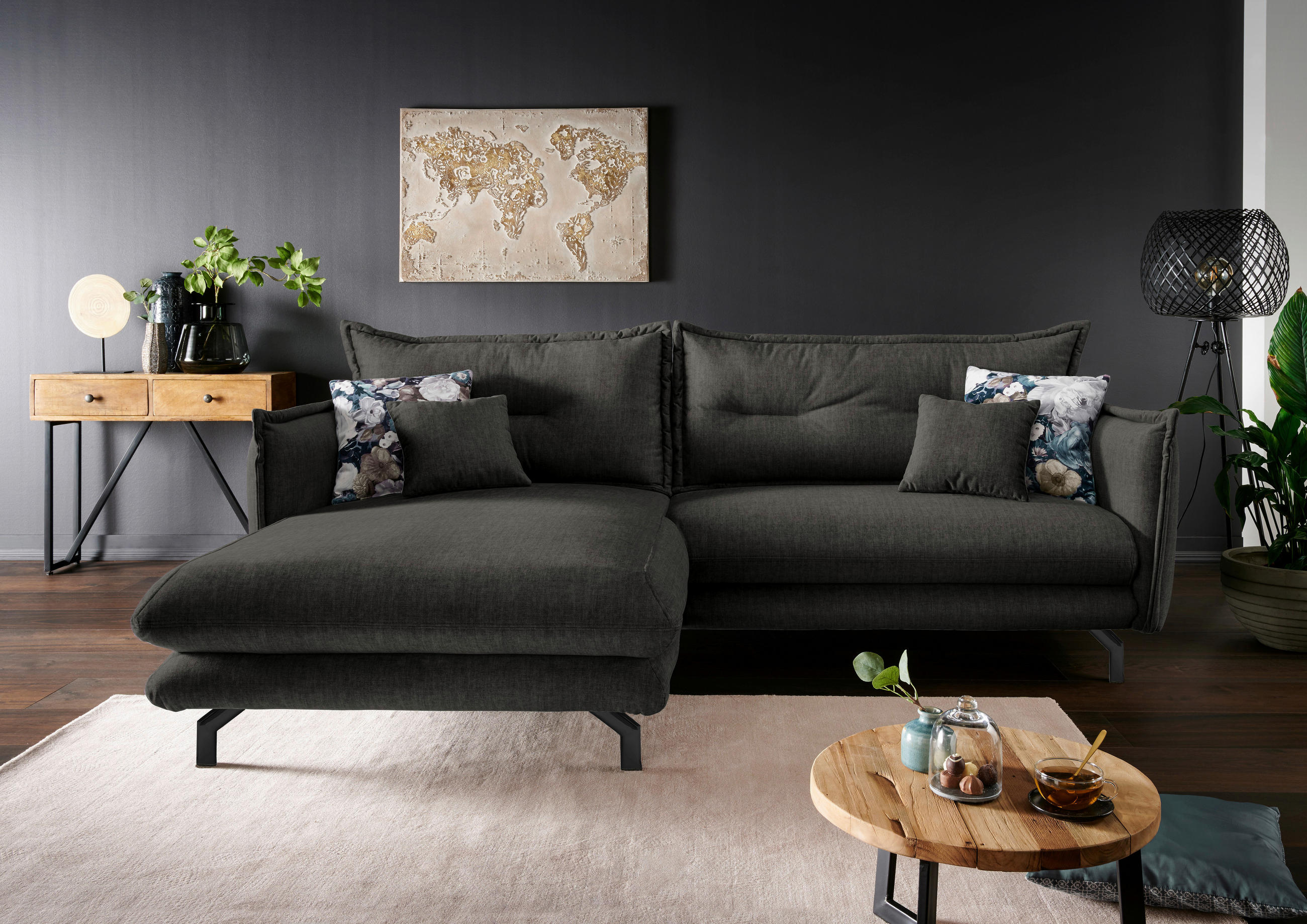 ECKSOFA Anthrazit Velours  - Türkis/Anthrazit, MODERN, Textil/Metall (180/255cm) - Livetastic