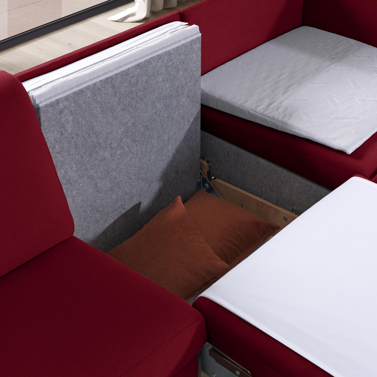 ECKSOFA in Flachgewebe Rot  261/203 cm  - Eichefarben/Rot, KONVENTIONELL, Holz/Textil (261/203cm) - Sedda