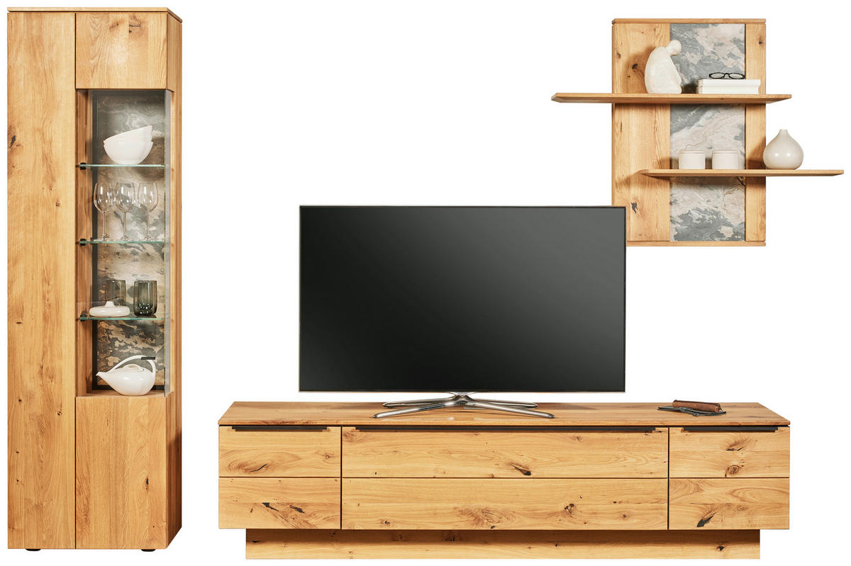 WOHNWAND  Eichefarben 320/205,7/53,7 cm  - Eichefarben/Schwarz, Natur, Glas/Holz (320/205,7/53,7cm) - Valnatura