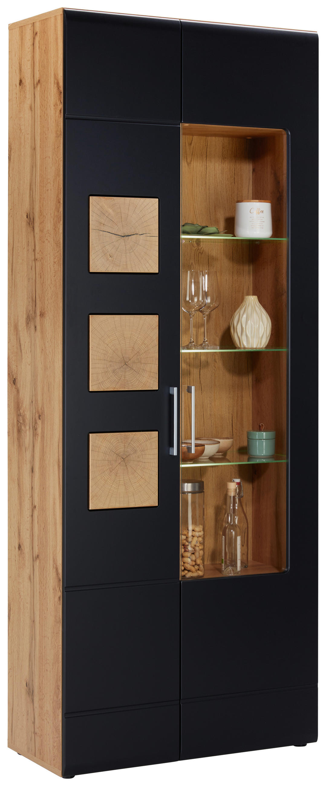 Vitrină, negru, culoare lemn stejar  - culoare crom/culoare lemn stejar, Konventionell, plastic/sticlă (80/208/37cm) - Hom`in