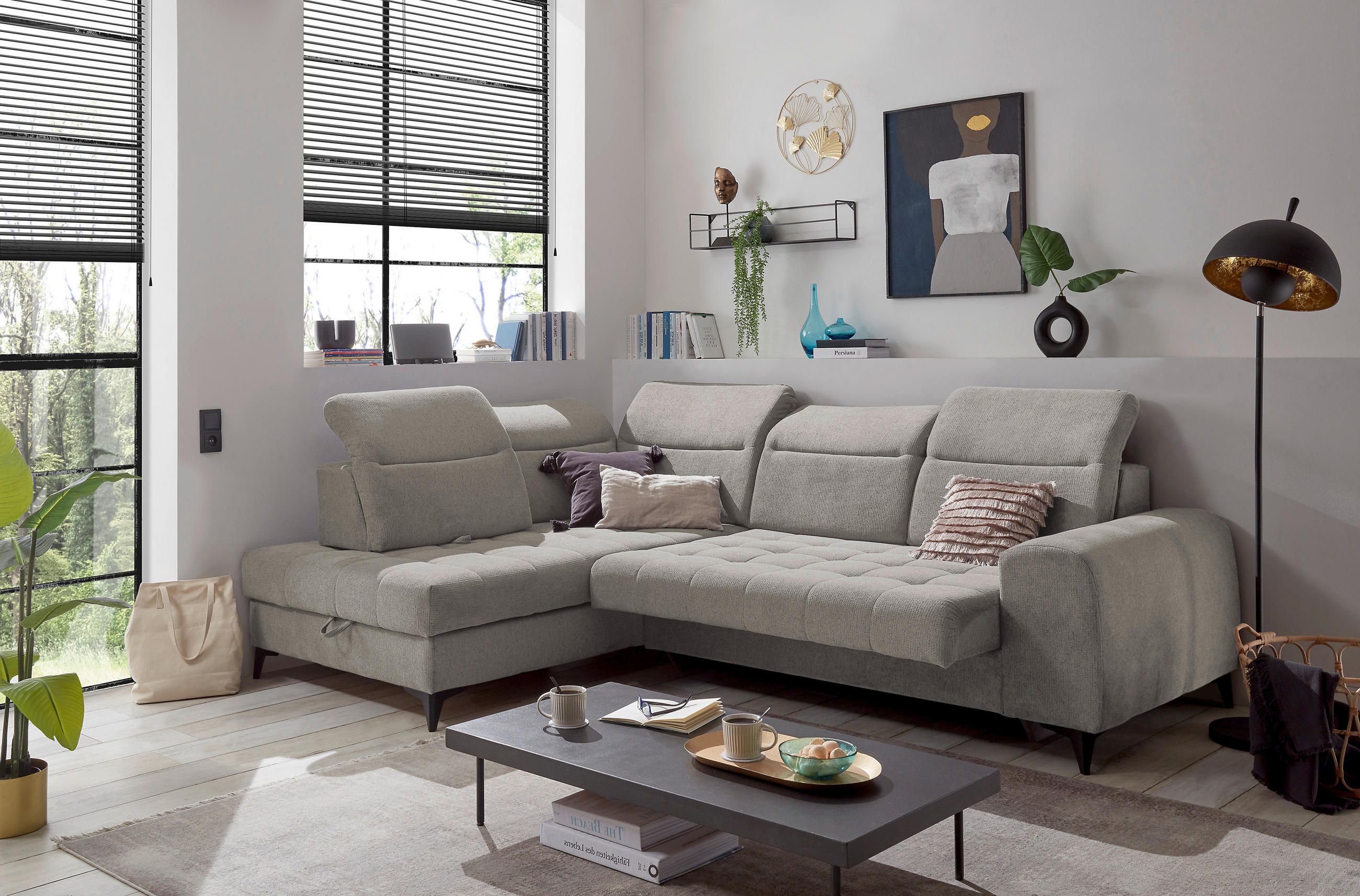 ECKSOFA in Webstoff Taupe  - Taupe/Schwarz, Konventionell, Kunststoff/Textil (200/282cm) - MID.YOU