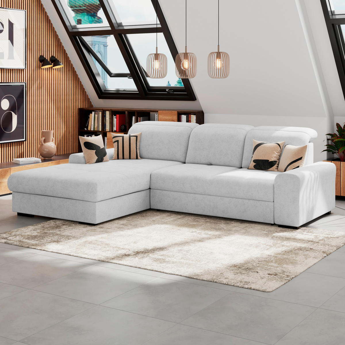 ECKSOFA Silberfarben Chenille Rücken echt, Kopfteilverstellung  - Silberfarben/Schwarz, KONVENTIONELL, Holz/Textil (203/286cm) - MID.YOU