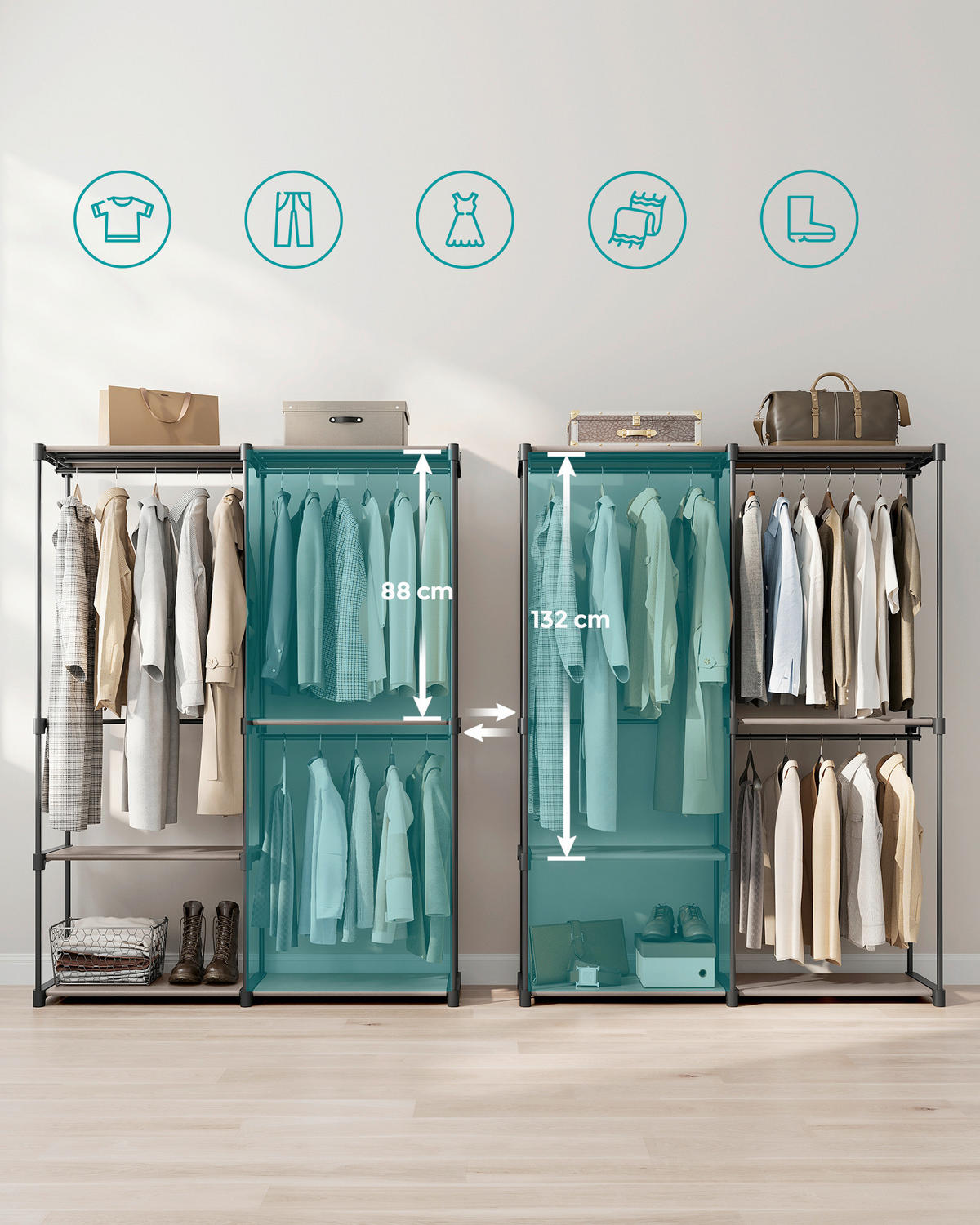 STOFFSCHRANK in Schwarz, Taupe  - Taupe/Schwarz, Basics, Textil/Metall (138/182/43cm)