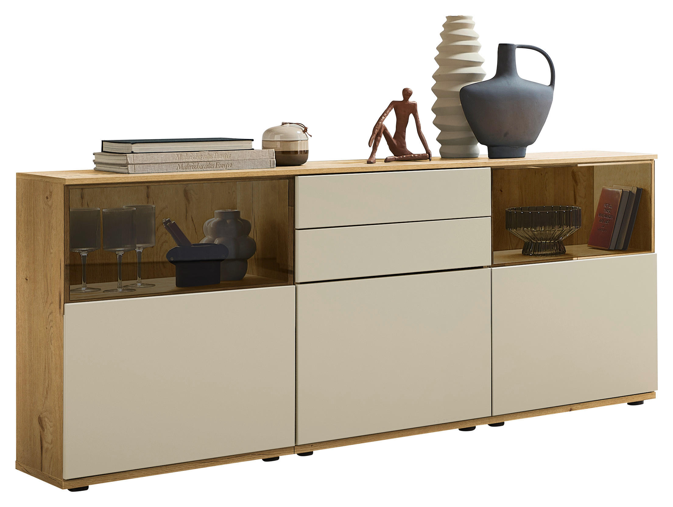 SIDEBOARD Eichefarben, Sandfarben  180/85/40 cm  - Sandfarben/Eichefarben, KONVENTIONELL, Glas/Holzwerkstoff (180/85/40cm) - Venda