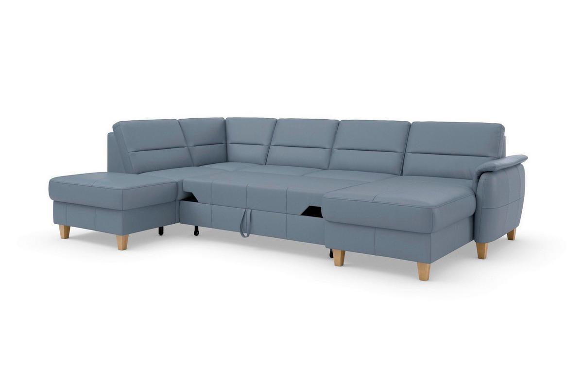 SEDACIA SÚPRAVA, koža, sivomodrá - sivomodrá/farba duba, Basics, koža/drevo (212/308/163cm) - Sit & More