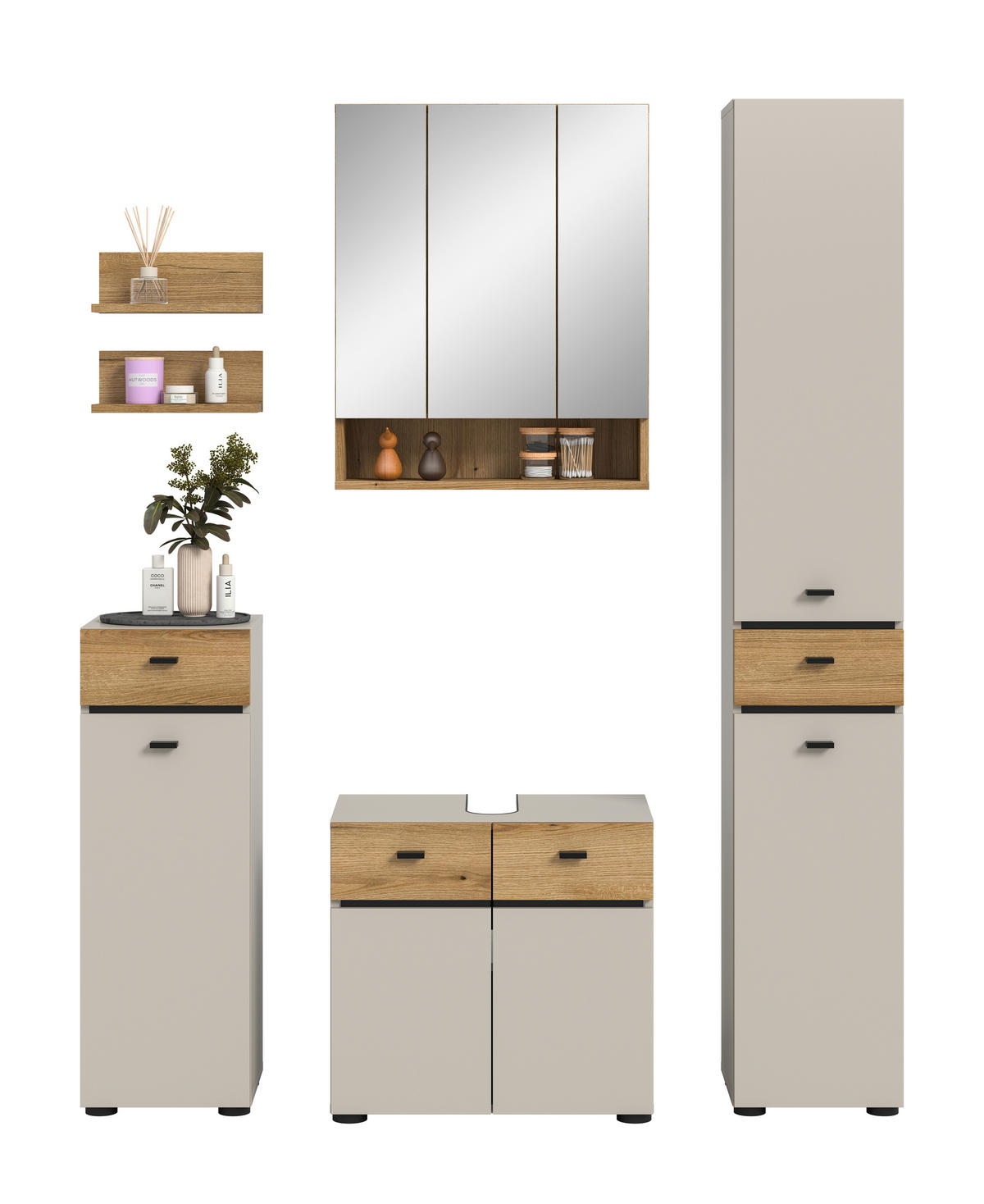 BADEZIMMER 5-teilig  in 124 cm  - Kaschmir/Eichefarben, Trend, Glas/Holzwerkstoff (124cm) - MID.YOU