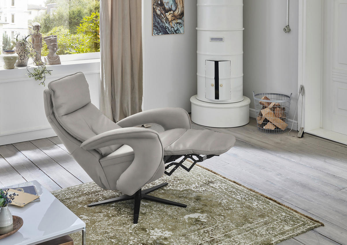 RELAXSESSEL in Leder Hellgrau  - Hellgrau/Schwarz, Design, Leder/Metall (77/110/87cm) - Valdera