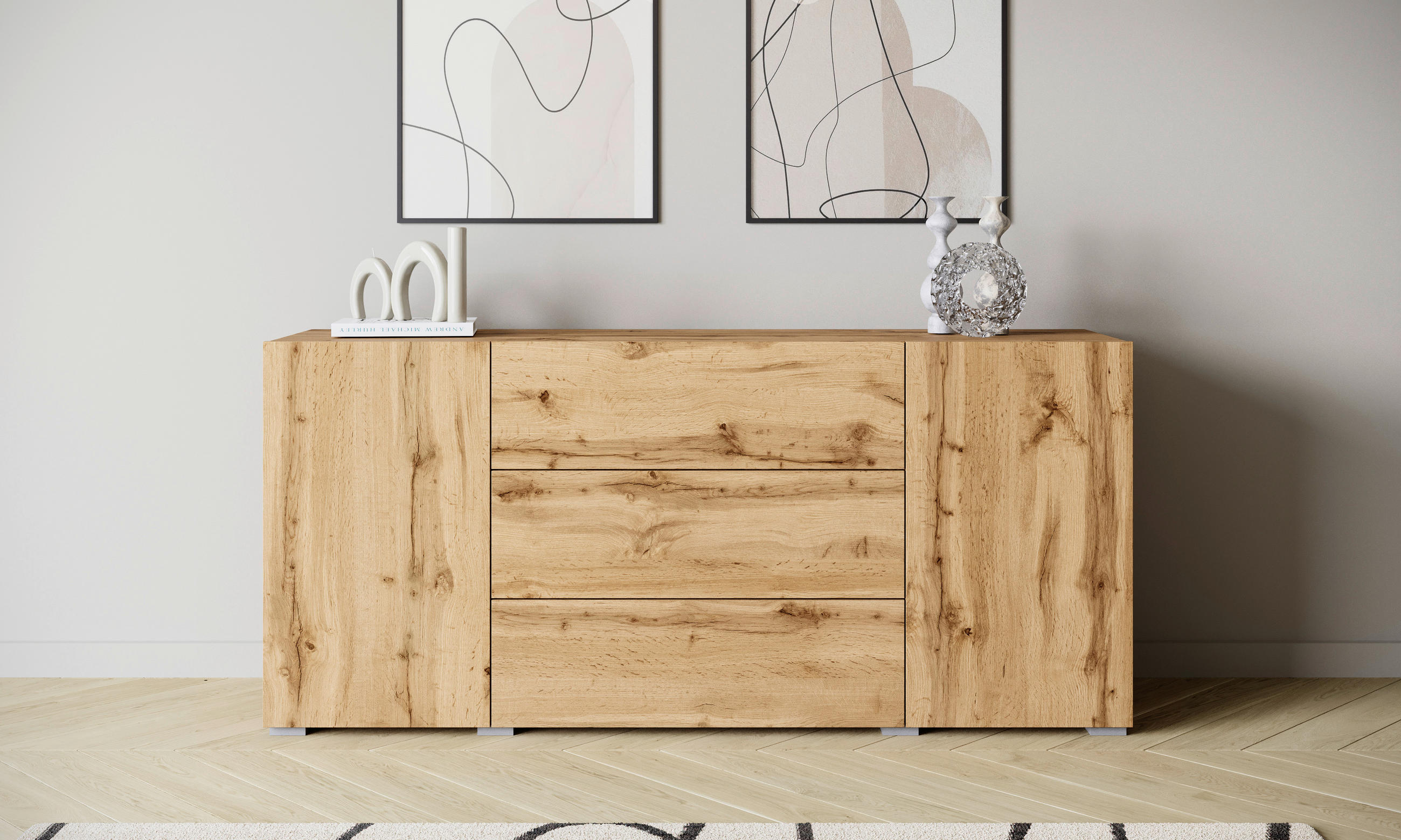 SIDEBOARD Berlin 150/68/38,5 cm 3 låda(or)  - ek Wotan/grå, Design, trämaterial/plast (150/68/38,5cm) - P & B