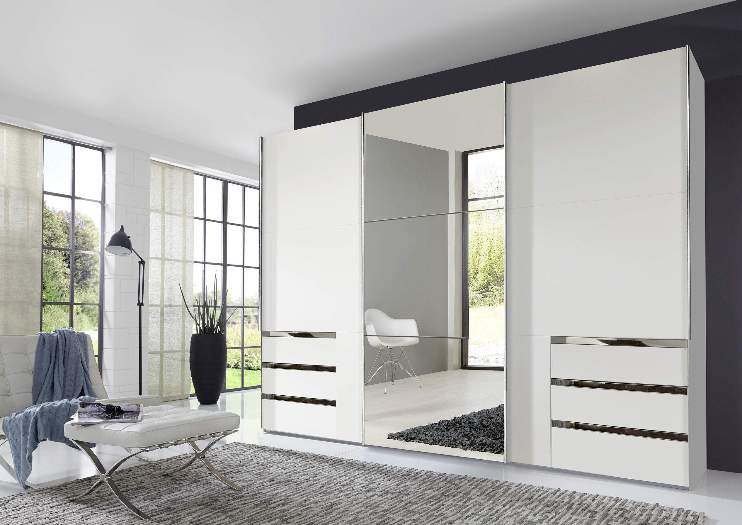 SCHWEBETÜRENSCHRANK in Weiss - Chromfarben/Weiss, Modern, Glas/Holzwerkstoff (300/216/65cm) - MID.YOU