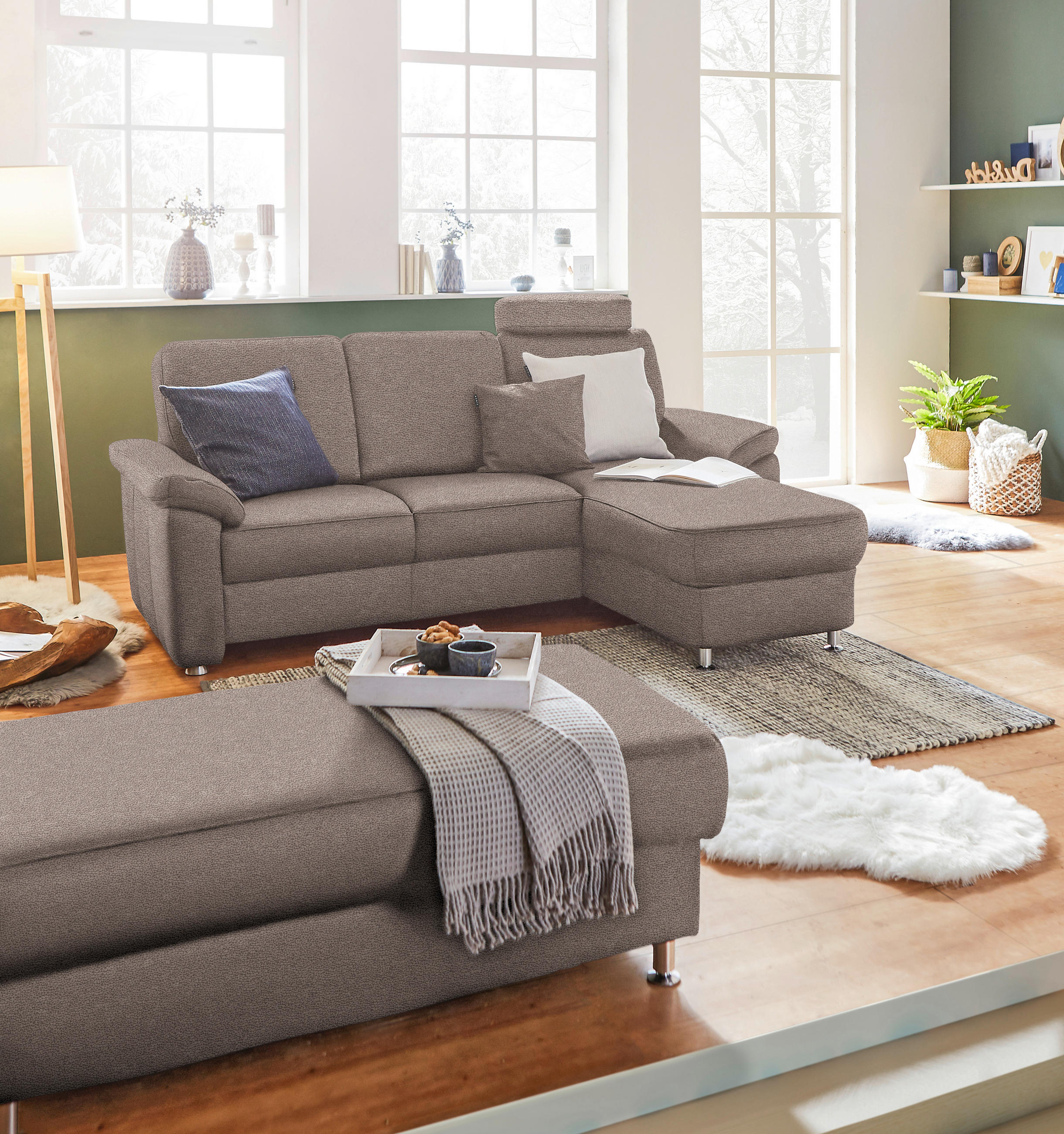 ECKSOFA in Webstoff Graubraun  - Chromfarben/Graubraun, Konventionell, Textil/Metall (220/163cm) - Beldomo System