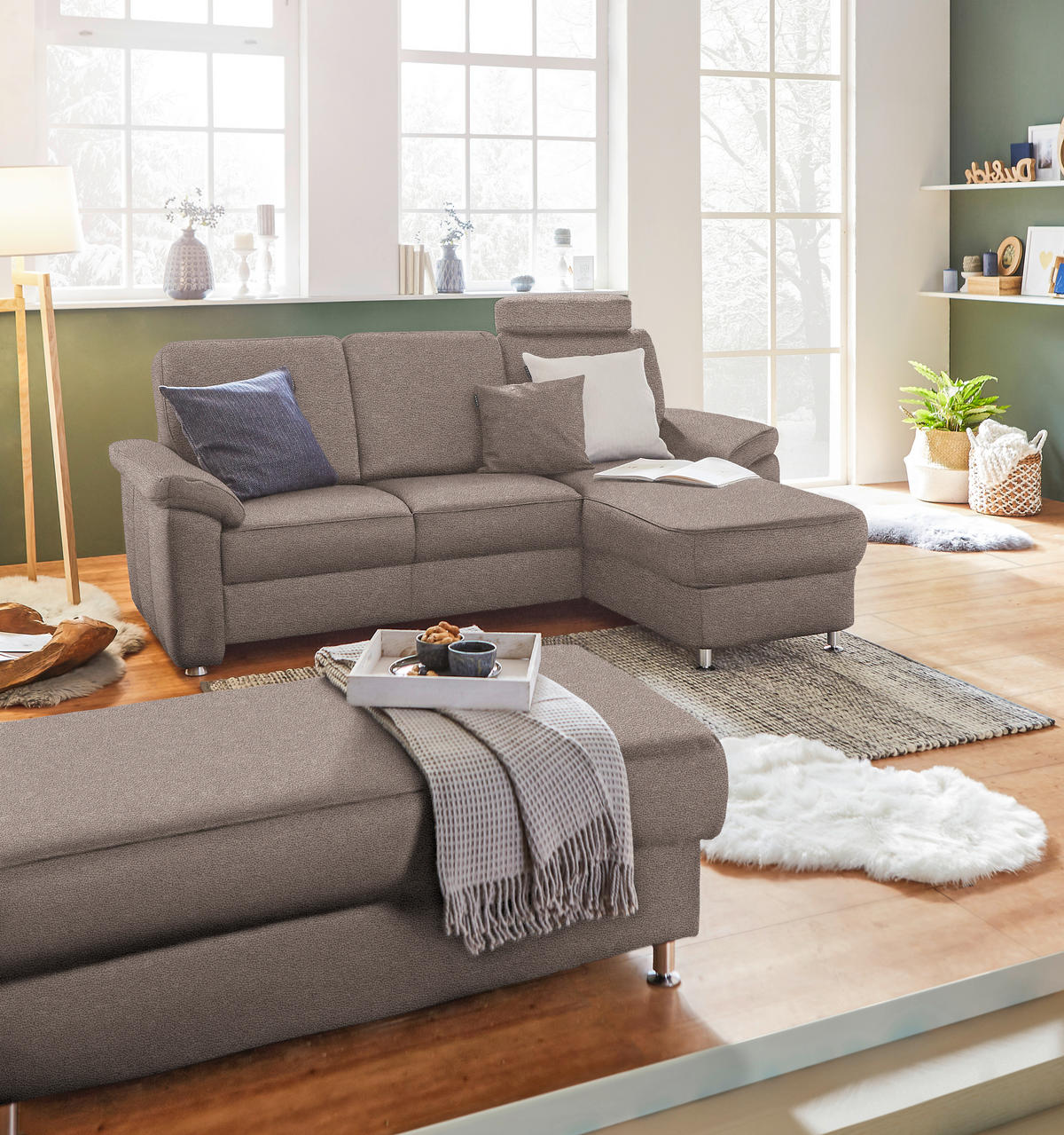 ECKSOFA in Webstoff Graubraun  - Chromfarben/Graubraun, Konventionell, Textil/Metall (220/163cm) - Beldomo System