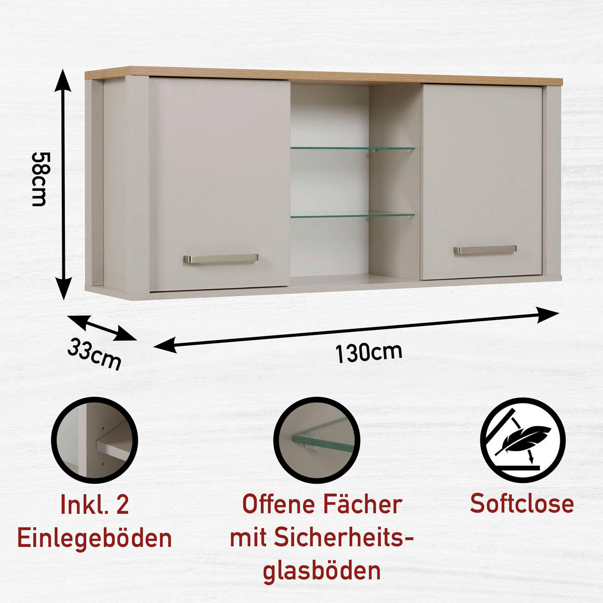 KÜCHENLEERBLOCK 430 cm   in Kaschmir, Eiche Artisan  - Kaschmir/Silberfarben, MODERN, Glas/Holzwerkstoff (430cm) - home24