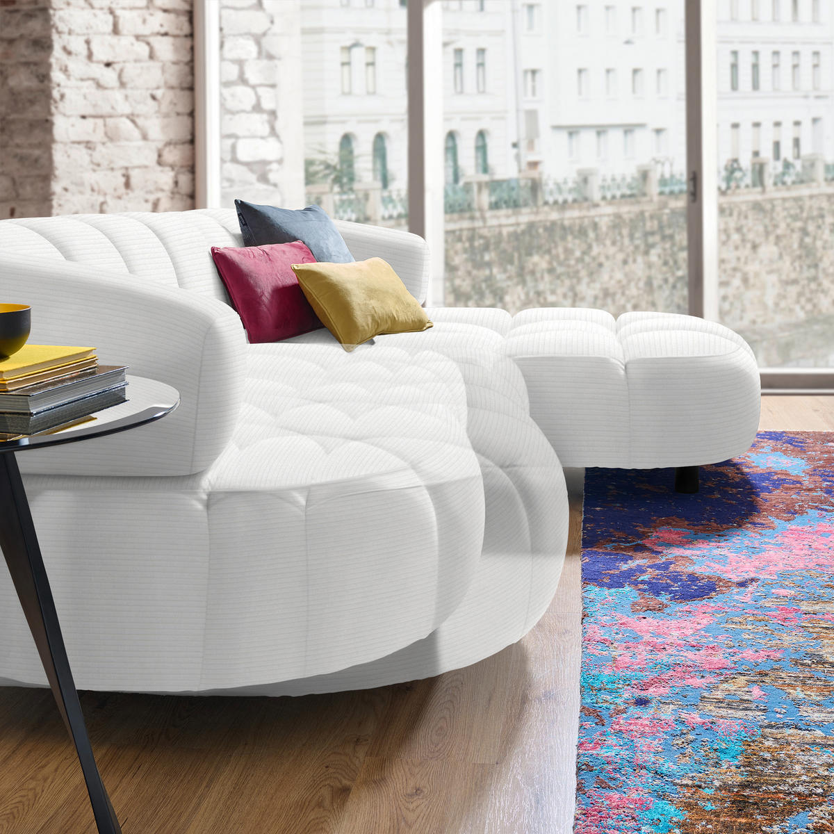 ECKSOFA in Cord, Velours Ecru  284/183 cm  - Ecru/Schwarz, Design, Holz/Textil (284/183cm) - Welnova