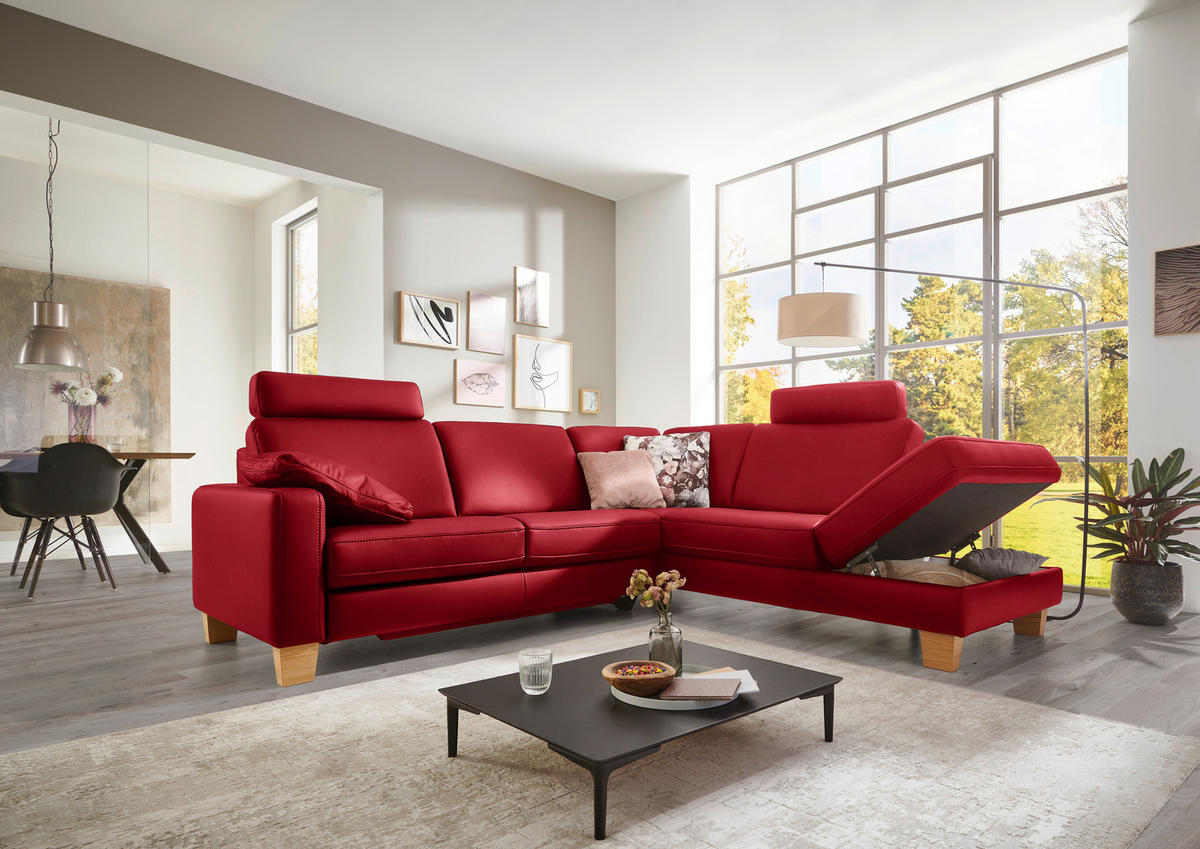 ECKSOFA in Echtleder Rot  - Eiche Bianco/Rot, Konventionell, Leder/Holz (257/235cm) - Valdera