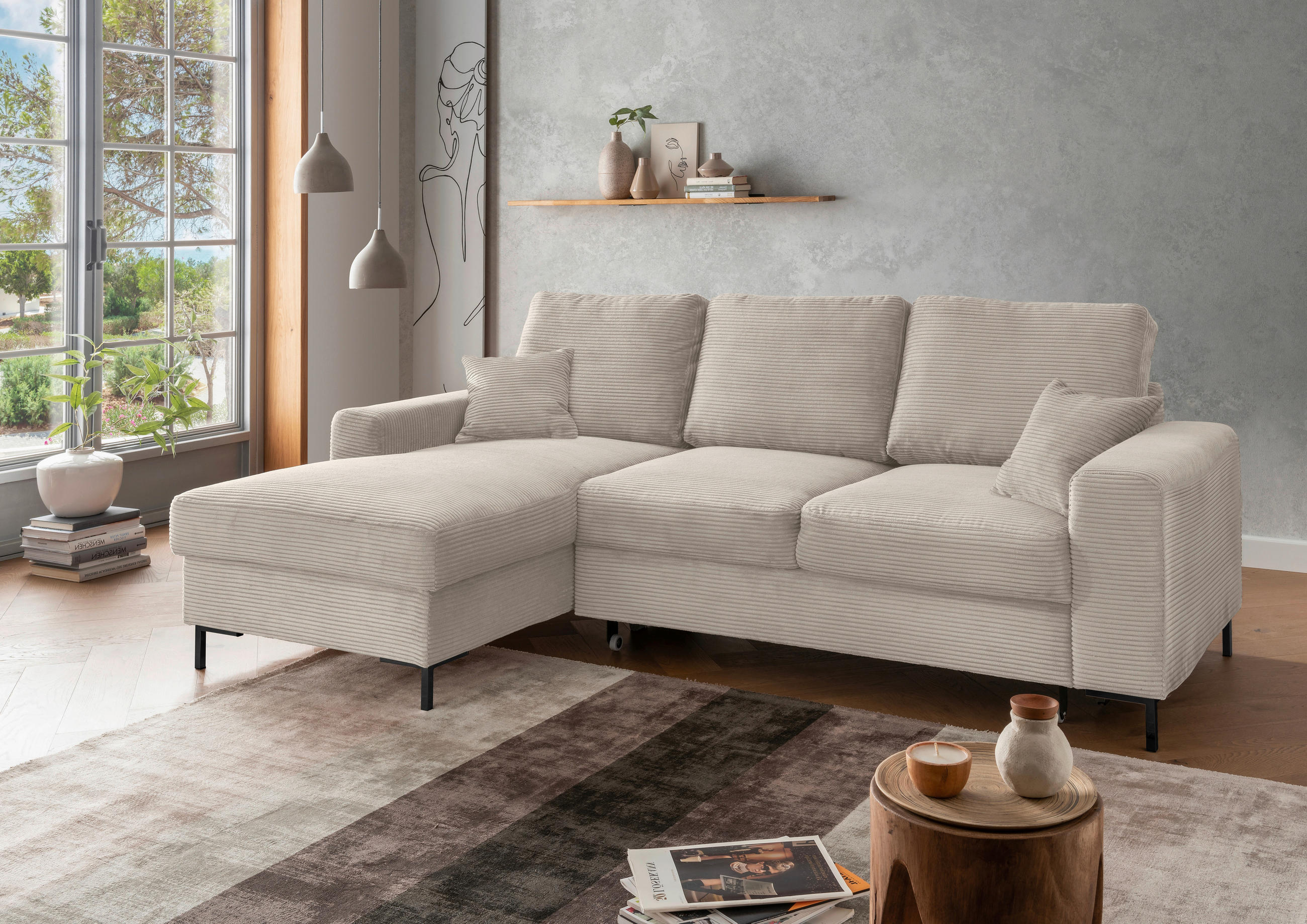 ECKSCHLAFSOFA in Cord Beige  - Beige/Schwarz, KONVENTIONELL, Textil/Metall (143/237cm) - Livetastic