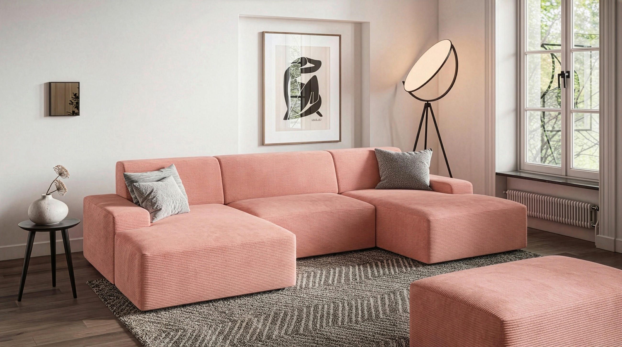 WOHNLANDSCHAFT Cord Pink  - Pink/Schwarz, Modern, Kunststoff/Textil (162/329/162cm) - Trendmanufaktur