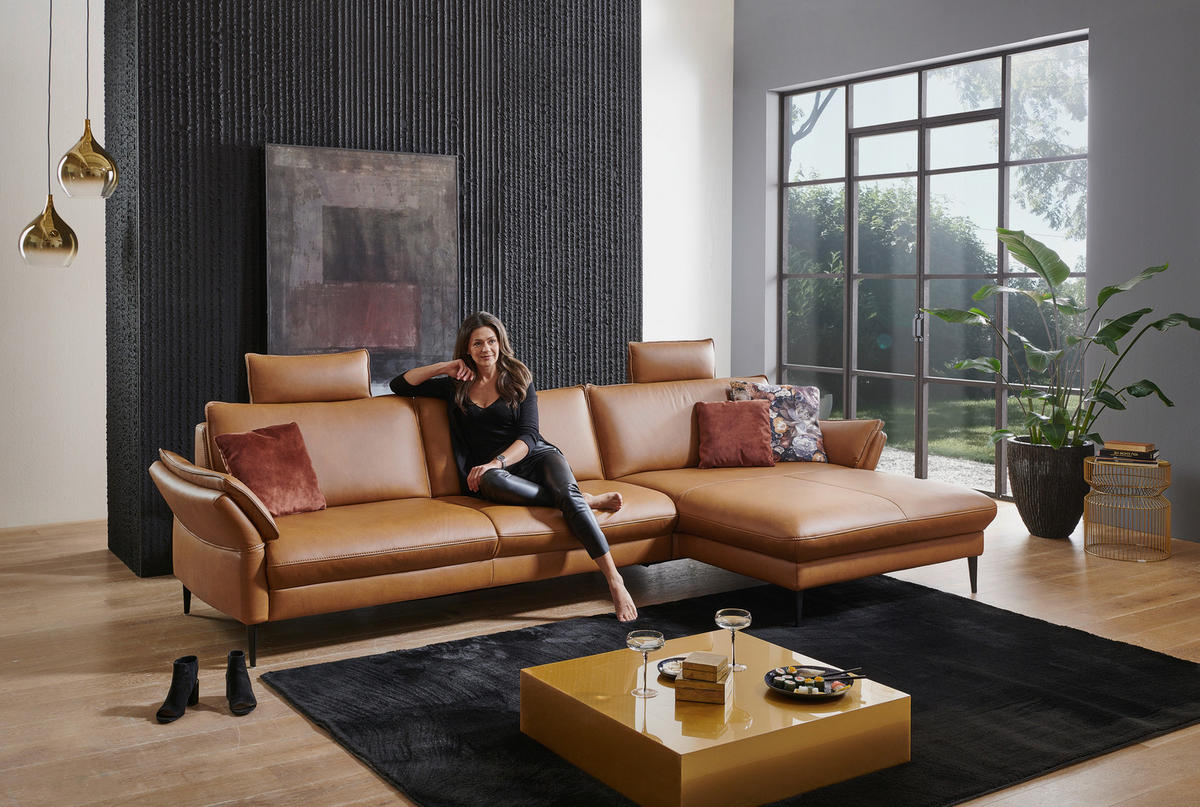 ECKSOFA in Echtleder Braun  - Schwarz/Braun, Design, Leder/Metall (334/172cm) - Valdera